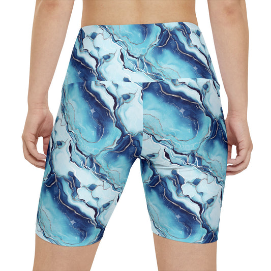 Marble Swirl Women's Workout Shorts — Navy Gold Athletic Biker Shorts - Creations by Chris and Carlos