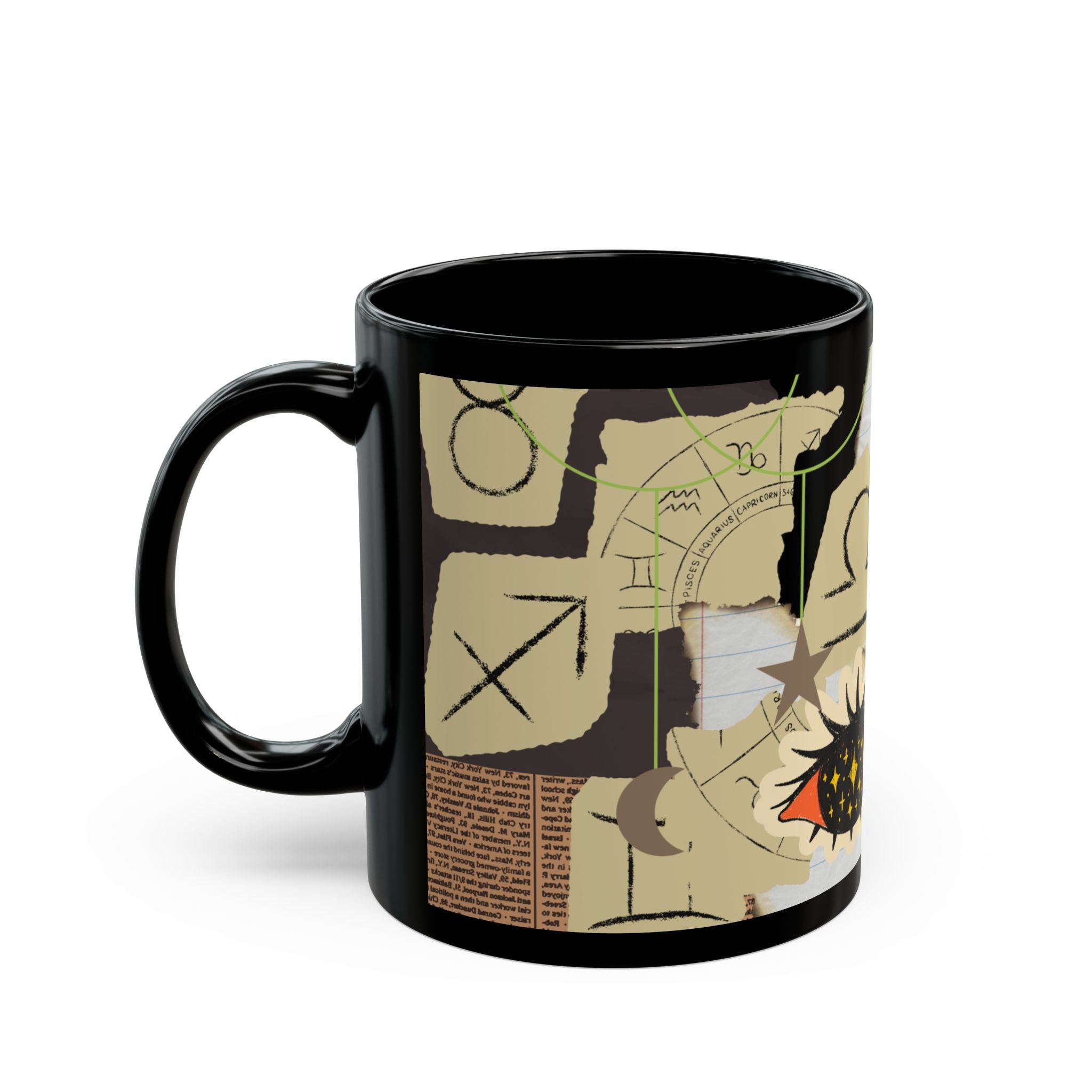 Zodiac Collage Black Mug — Vintage Astrology Symbols Coffee Cup (11oz/15oz) - Creations by Chris and Carlos