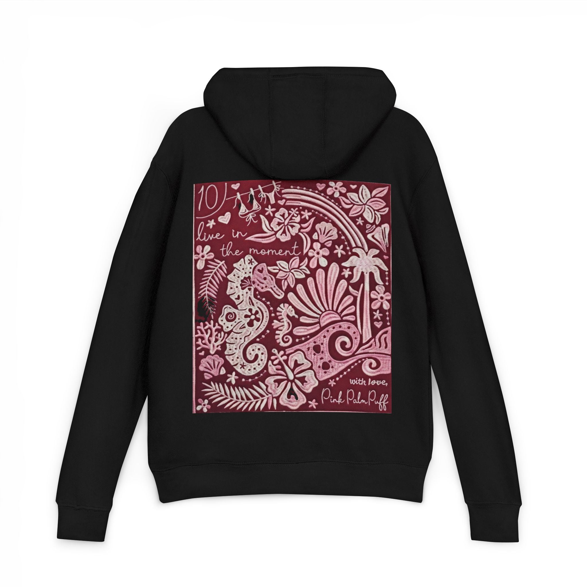 Coastal Bandana Art Hoodie — "Live in the Moment" Seahorse Design - Creations by Chris and Carlos