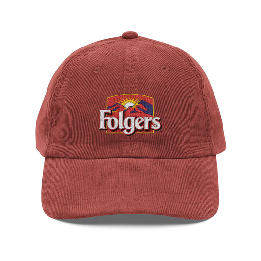 Folgers Coffee Vintage Corduroy Cap — Embroidered Retro Logo Dad Hat - Creations by Chris and Carlos