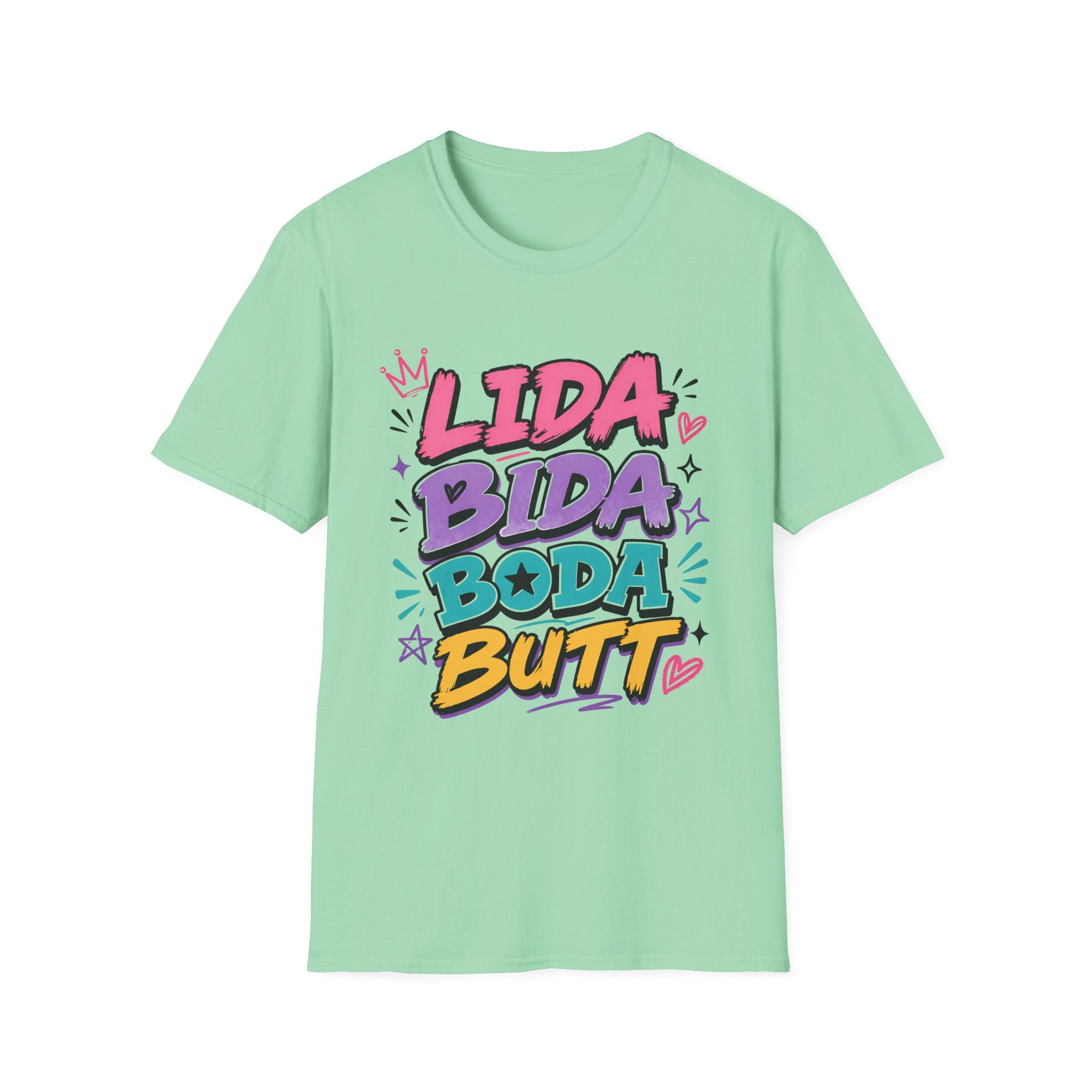 Lida Bida Boda Butt Graphic T-Shirt — TIK TOK FAMOUS Colorful Retro Bubble Letter Tee - Creations by Chris and Carlos
