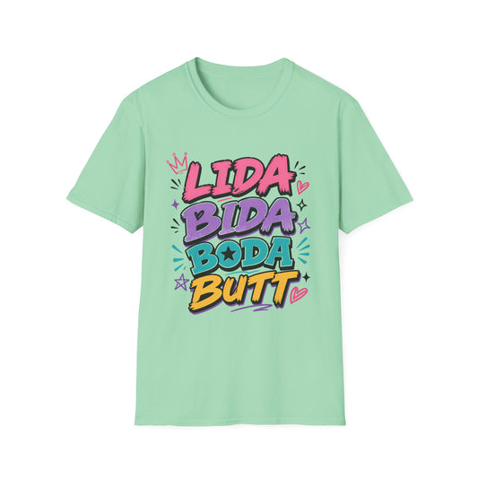 Lida Bida Boda Butt Graphic T-Shirt — TIK TOK FAMOUS Colorful Retro Bubble Letter Tee - Creations by Chris and Carlos