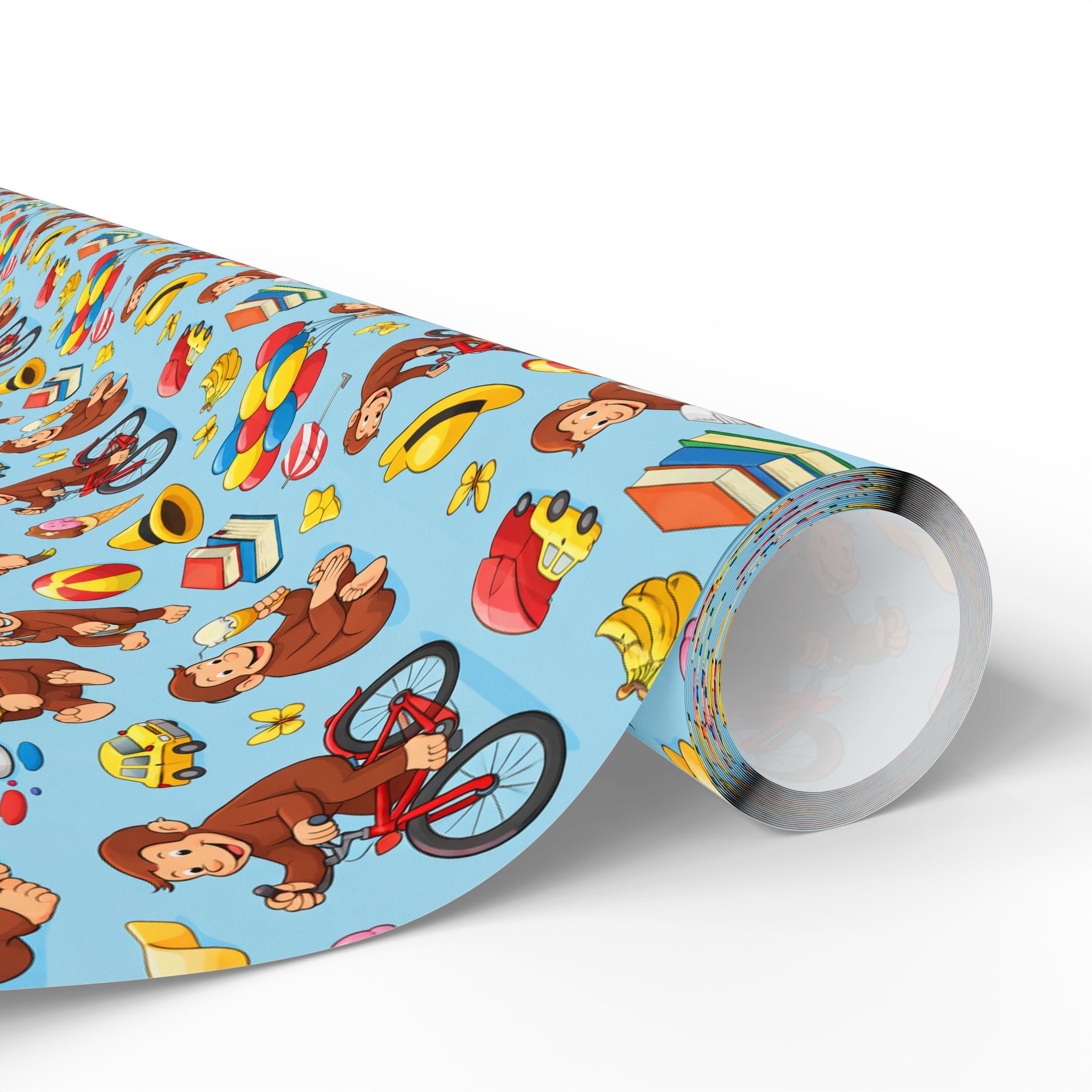Wrapping Paper Roll — Playful Curious George Monkey Pattern Gift Wrap (Blue) - Creations by Chris and Carlos