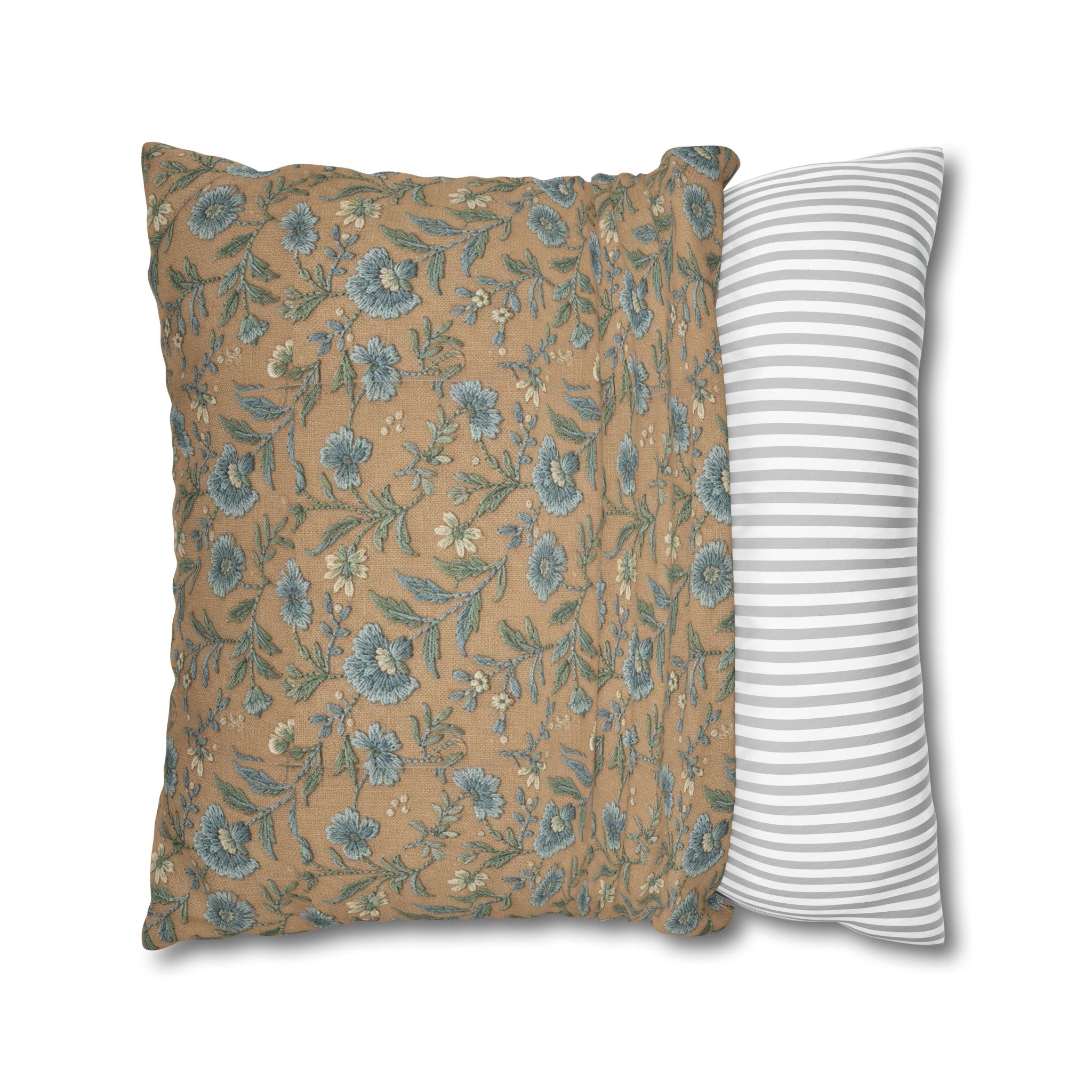 Plumstead Manor Geometric Vintage Floral Pillowcase — Blue Beige Botanical Square Pillow - Creations by Chris and Carlos
