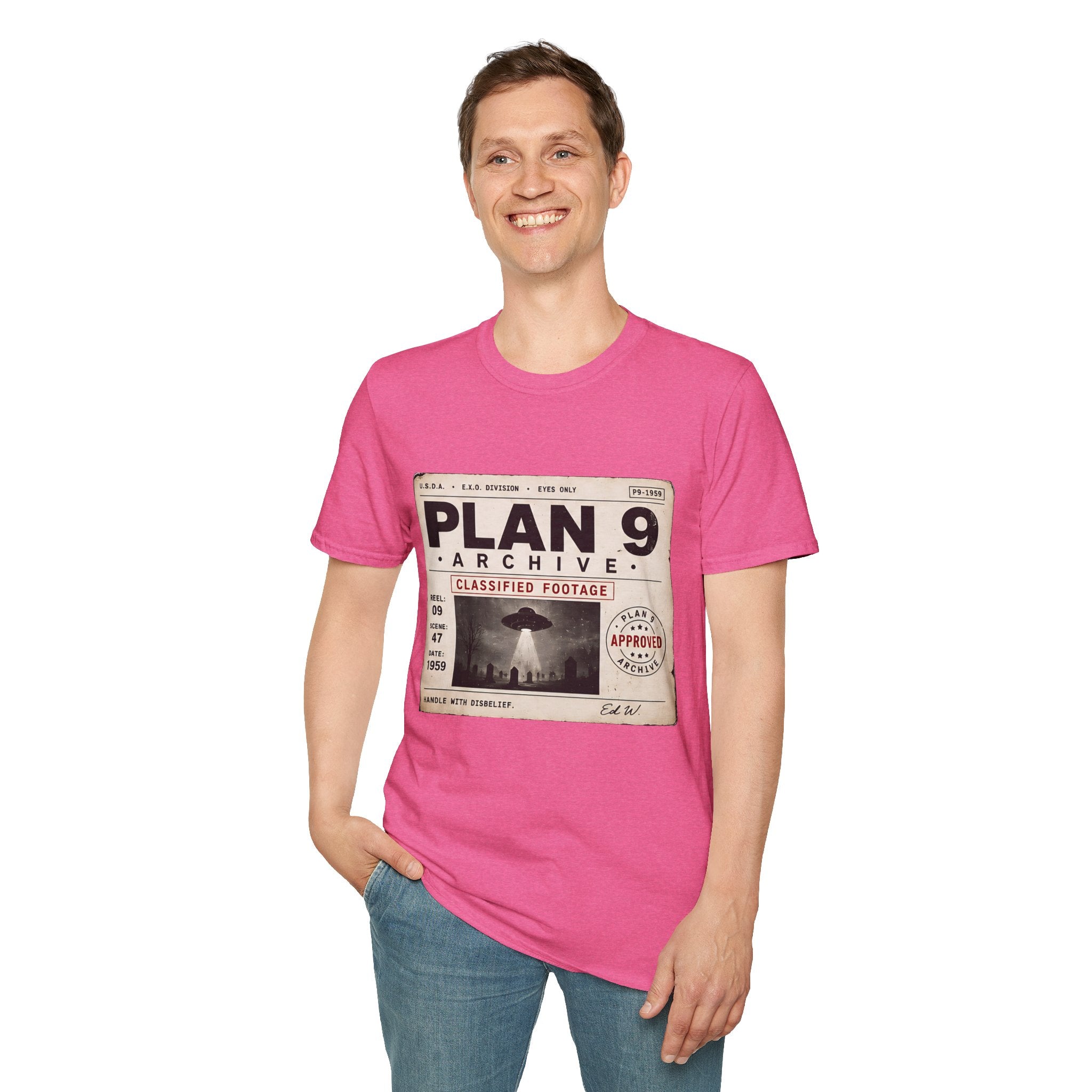 Plan 9 Archive UFO T-Shirt — Retro 'Classified Footage' Alien Badge Tee - Creations by Chris and Carlos