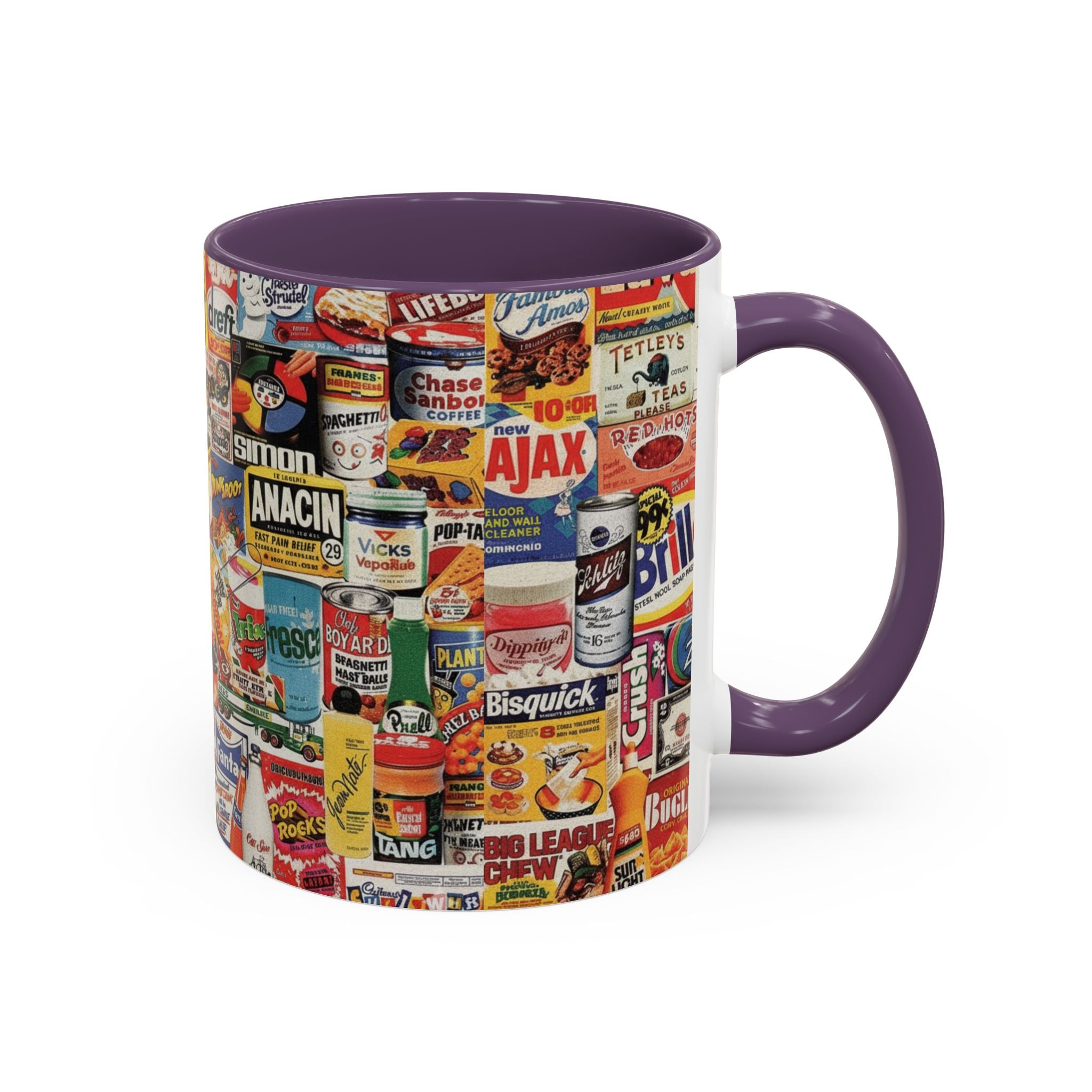Vintage Retro Ads Coffee Mug — Collage of Classic Brand Labels (11/15oz Accent Mug) - Creations by Chris and Carlos
