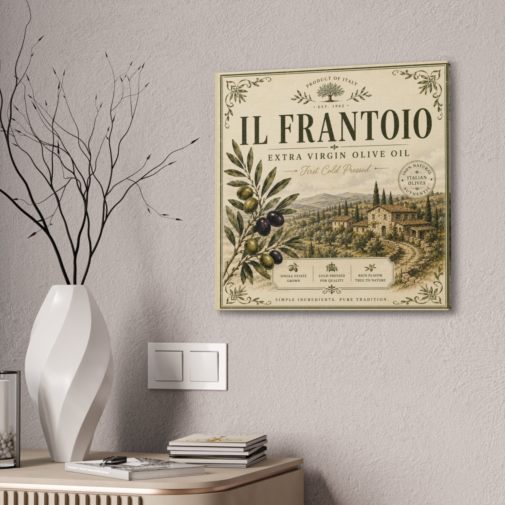 Il Frantoio Olive Oil Vintage Canvas Print — Italian Farmhouse Kitchen Wall Art - Creations by Chris and Carlos