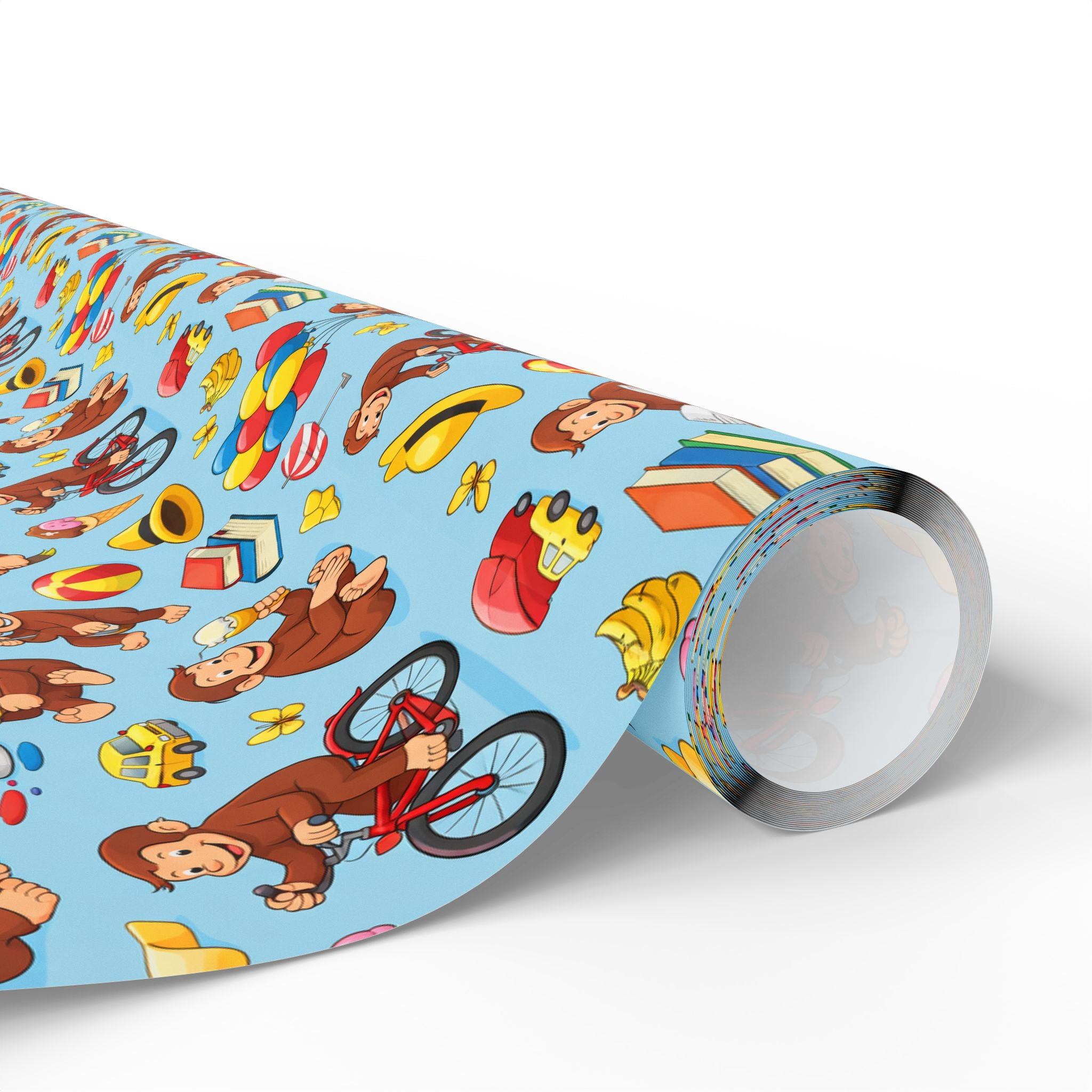Wrapping Paper Roll — Playful Curious George Monkey Pattern Gift Wrap (Blue) - Creations by Chris and Carlos