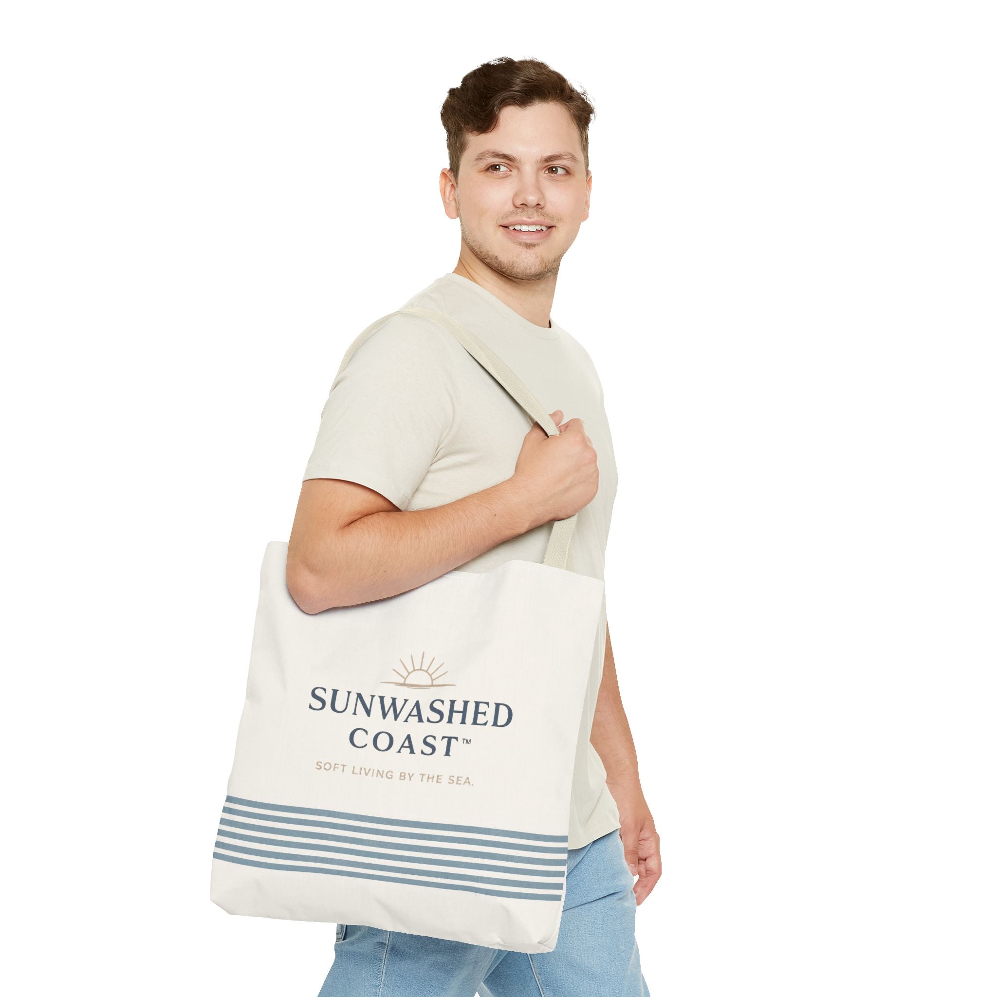 Sunwashed Coast Tote Bag – Coastal Striped Beach Canvas Tote (“Sunwashed Coast” Logo) - Creations by Chris and Carlos