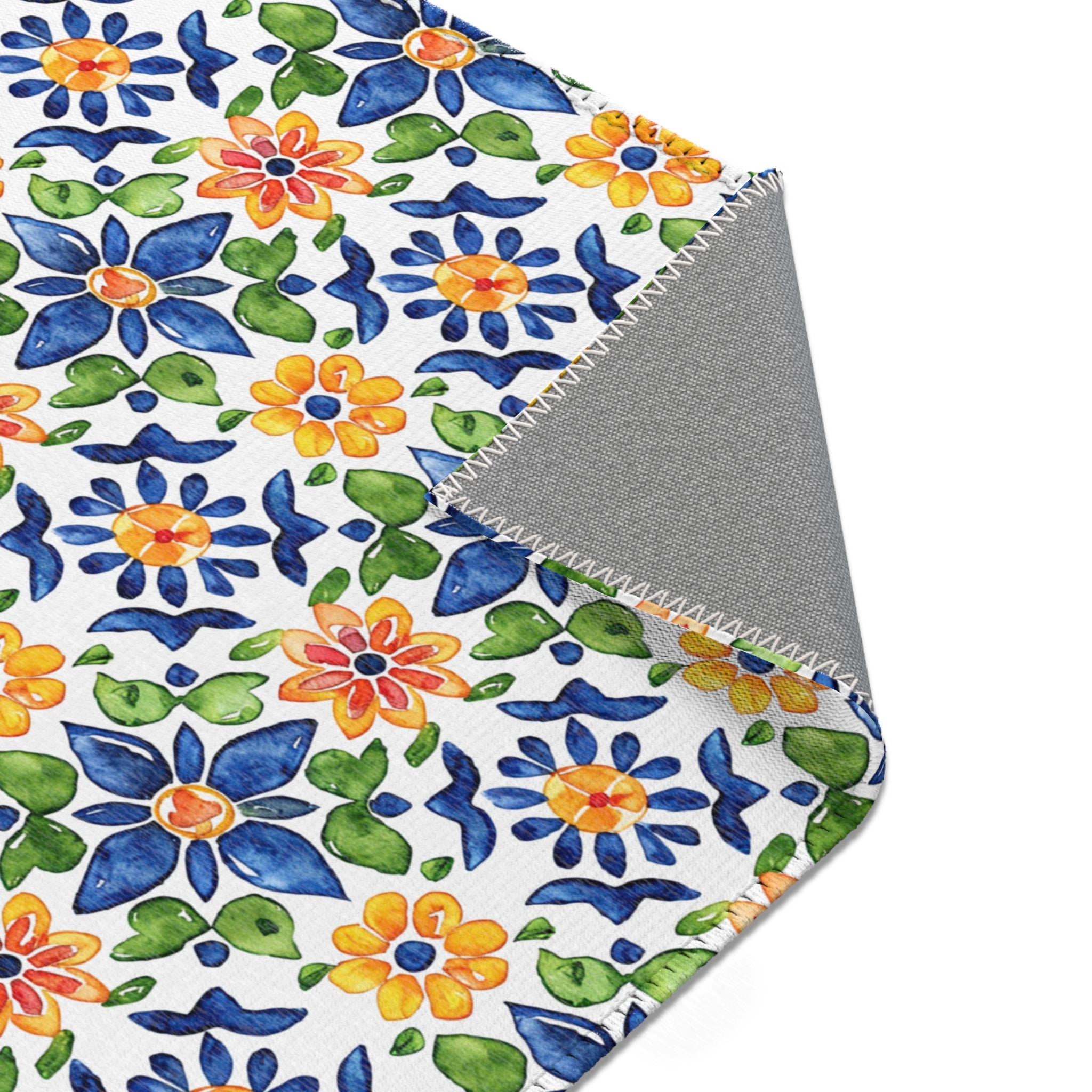 Sol y Alegría (Sun and Joy) Collection- Mediterranean Floral Area Rug — Colorful Blue & Yellow Tile Pattern - Creations by Chris and Carlos