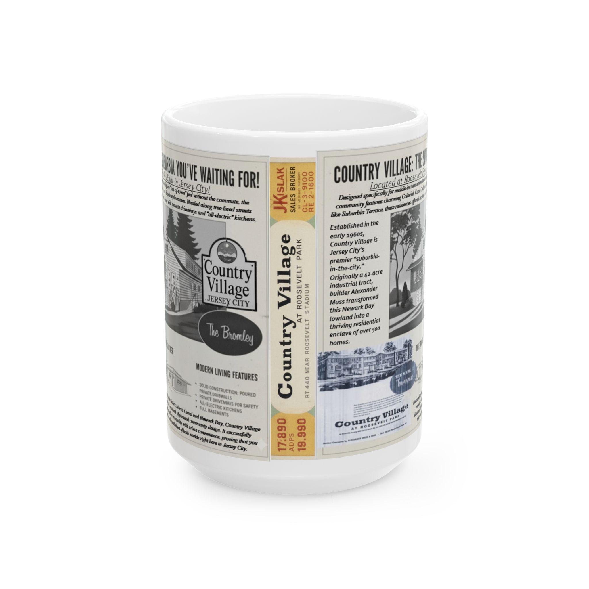 Vintage Country Village Advertisement Ceramic Mug – Retro Newspaper Print (15oz) - Creations by Chris and Carlos