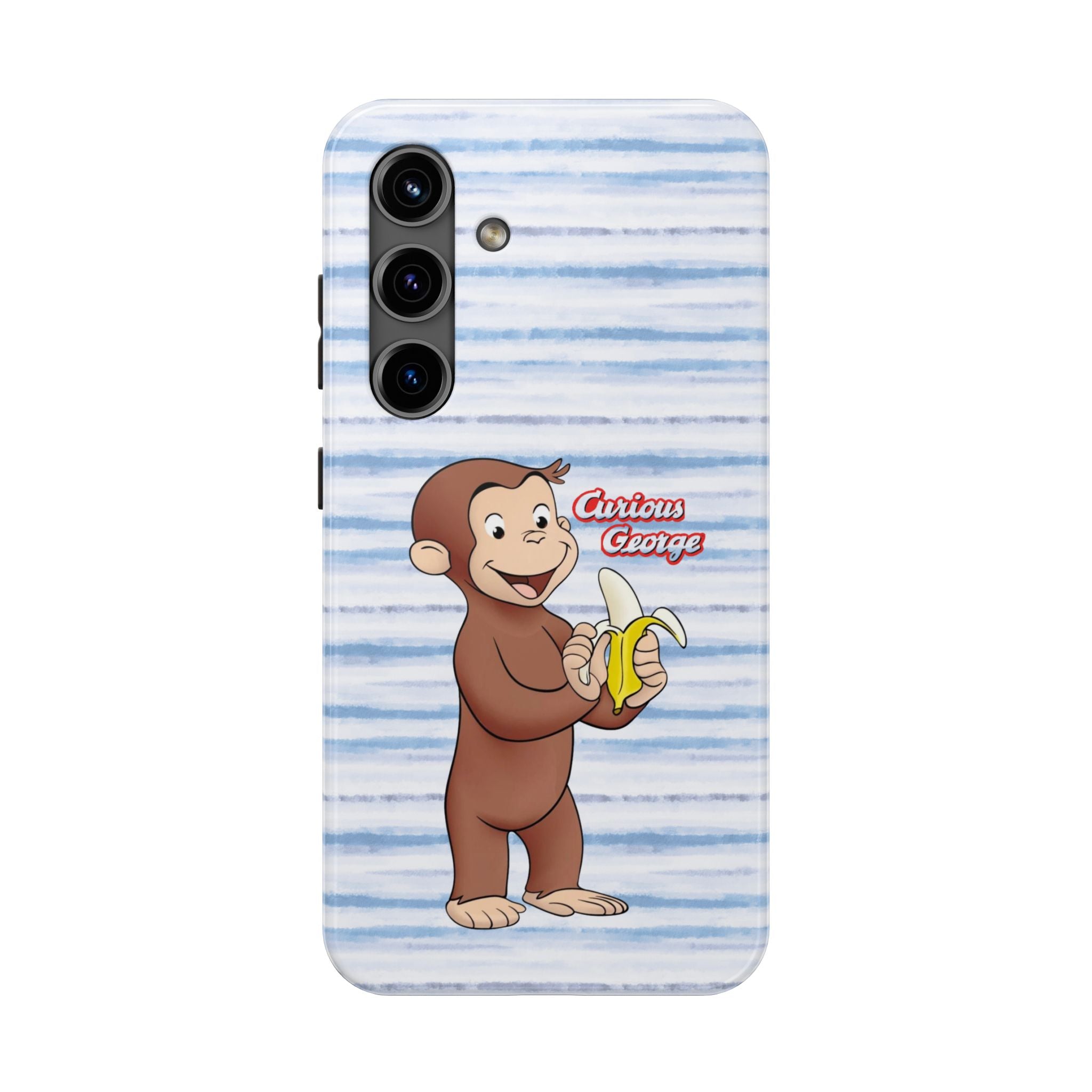 Curious George Banana Tough Phone Case — Cute Kids iPhone Cover, Blue Stripe Protective Case - Creations by Chris and Carlos