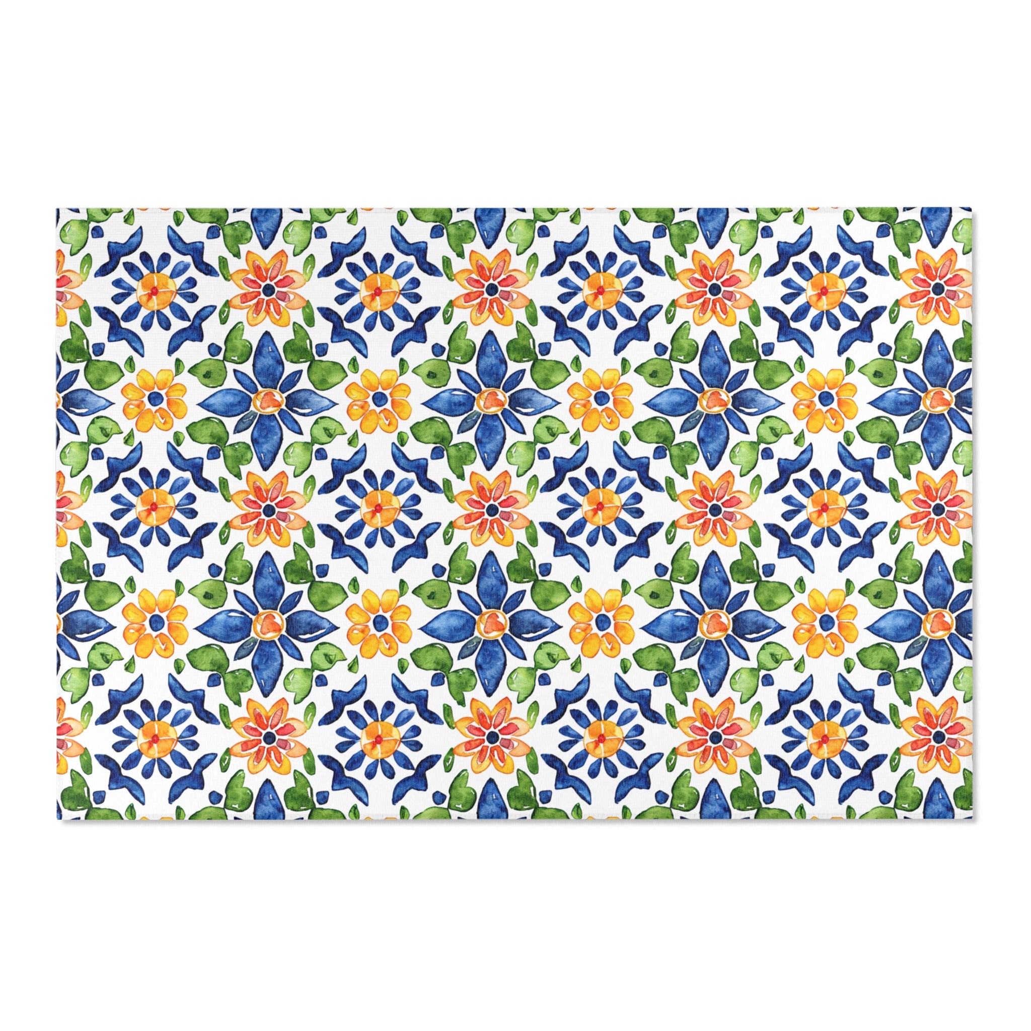 Sol y Alegría (Sun and Joy) Collection- Mediterranean Floral Area Rug — Colorful Blue & Yellow Tile Pattern - Creations by Chris and Carlos