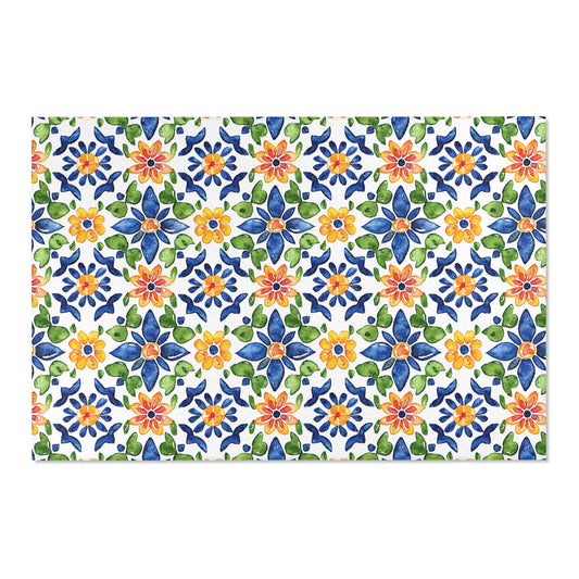 Sol y Alegría (Sun and Joy) Collection- Mediterranean Floral Area Rug — Colorful Blue & Yellow Tile Pattern - Creations by Chris and Carlos