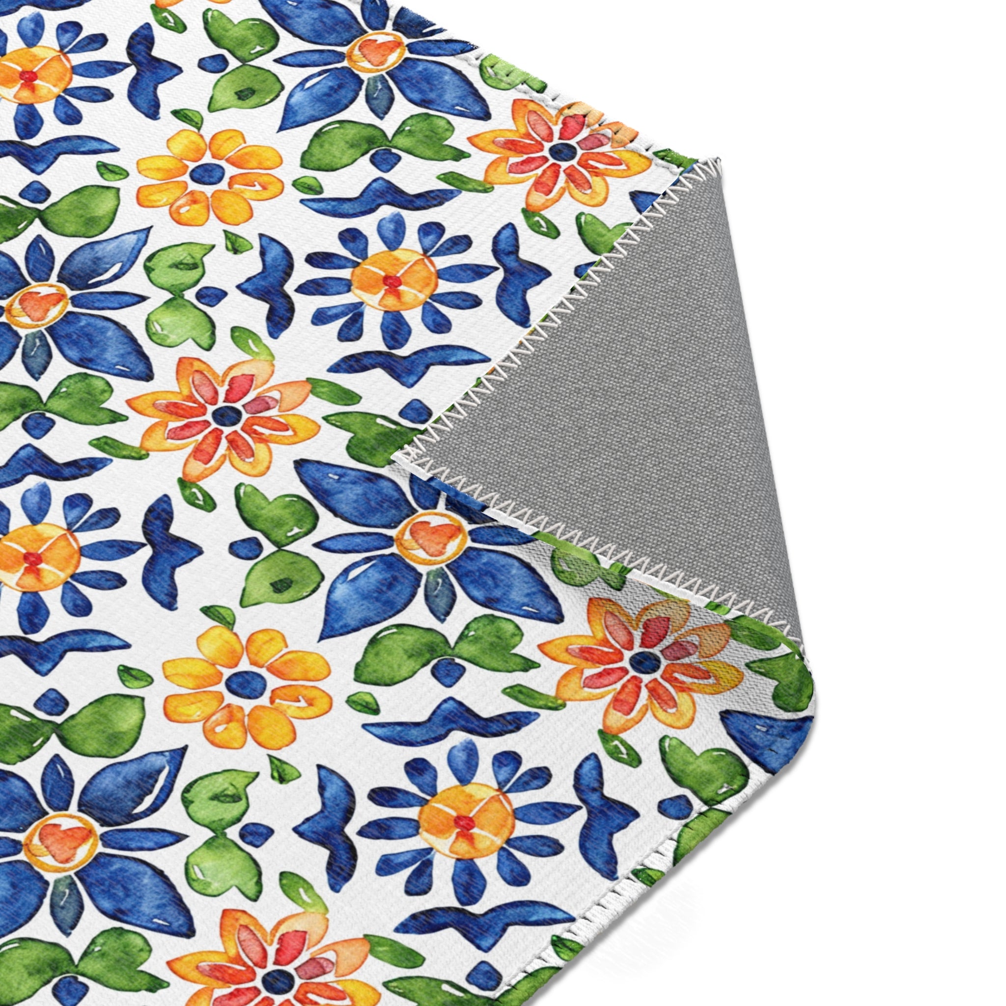 Sol y Alegría (Sun and Joy) Collection- Mediterranean Floral Area Rug — Colorful Blue & Yellow Tile Pattern - Creations by Chris and Carlos