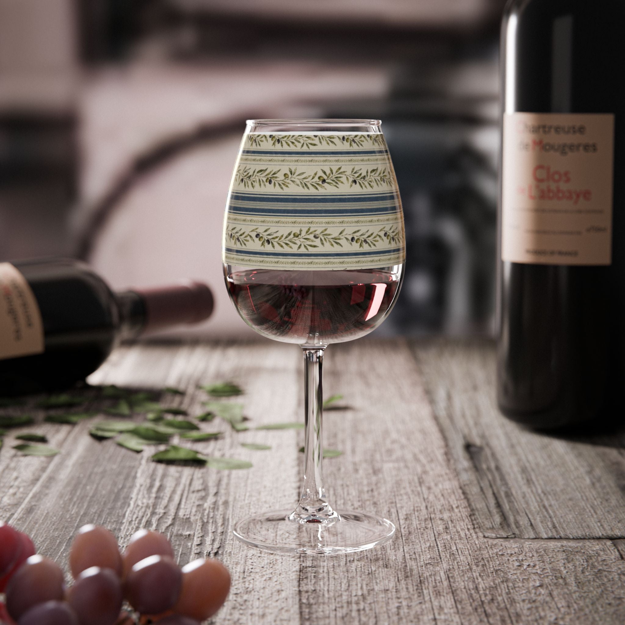 12oz Stemmed Wine Glass with Blue & Olive Laurel Stripe Pattern - Creations by Chris and Carlos