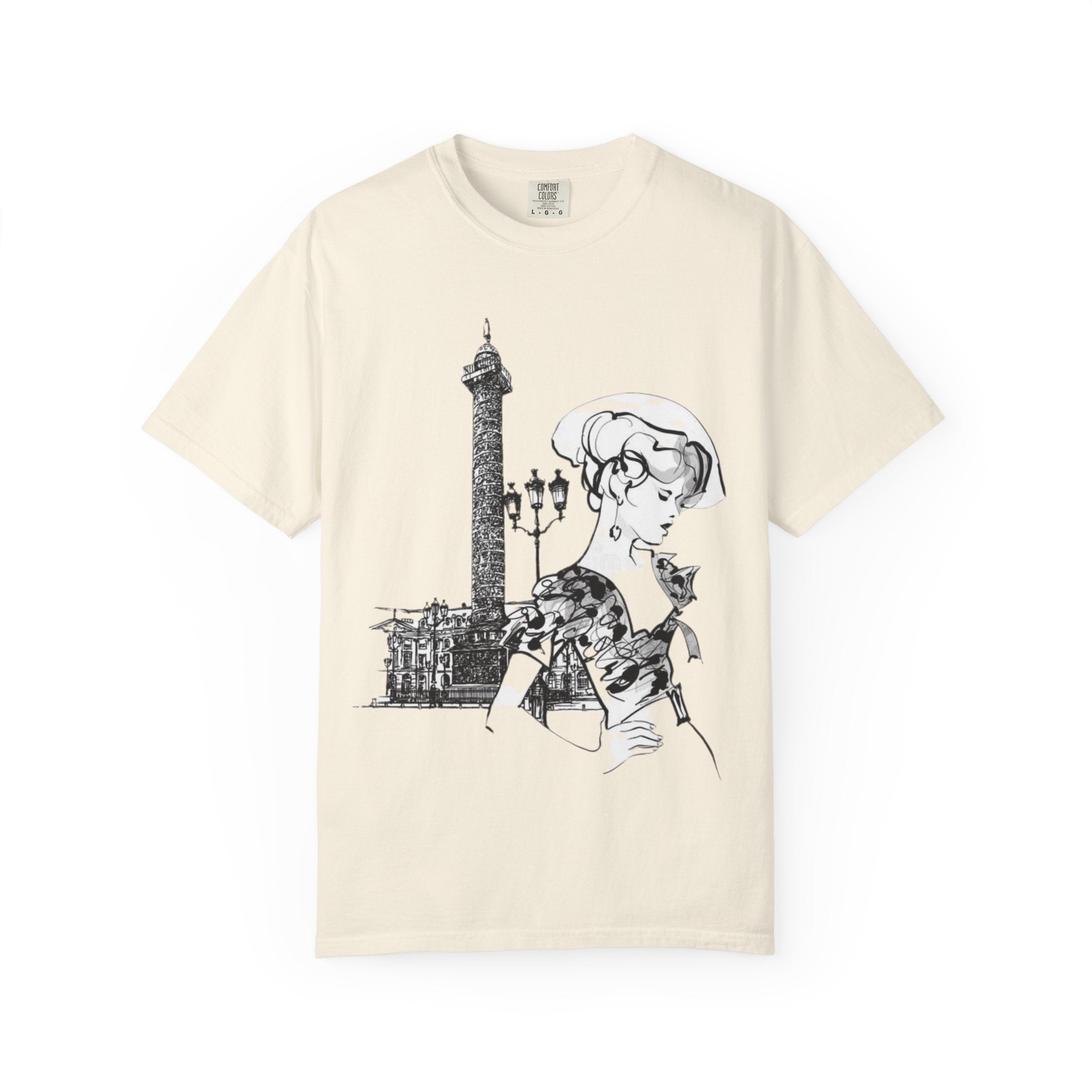 Parisian Vintage Illustration T-Shirt — Eiffel Tower & Chic Lady Tee - Creations by Chris and Carlos
