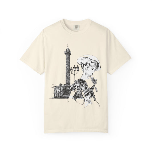Parisian Vintage Illustration T-Shirt — Eiffel Tower & Chic Lady Tee - Creations by Chris and Carlos