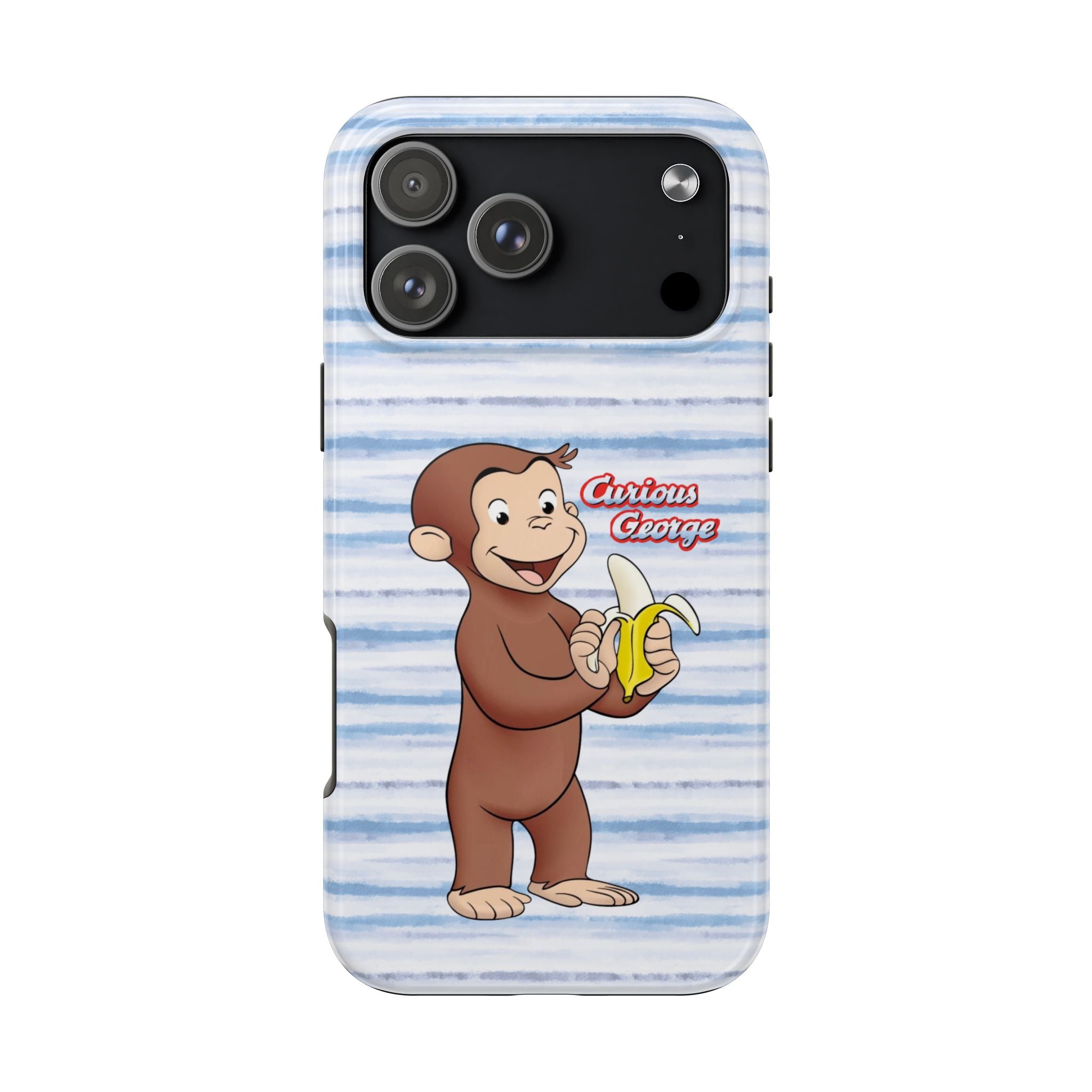 Curious George Banana Tough Phone Case — Cute Kids iPhone Cover, Blue Stripe Protective Case - Creations by Chris and Carlos