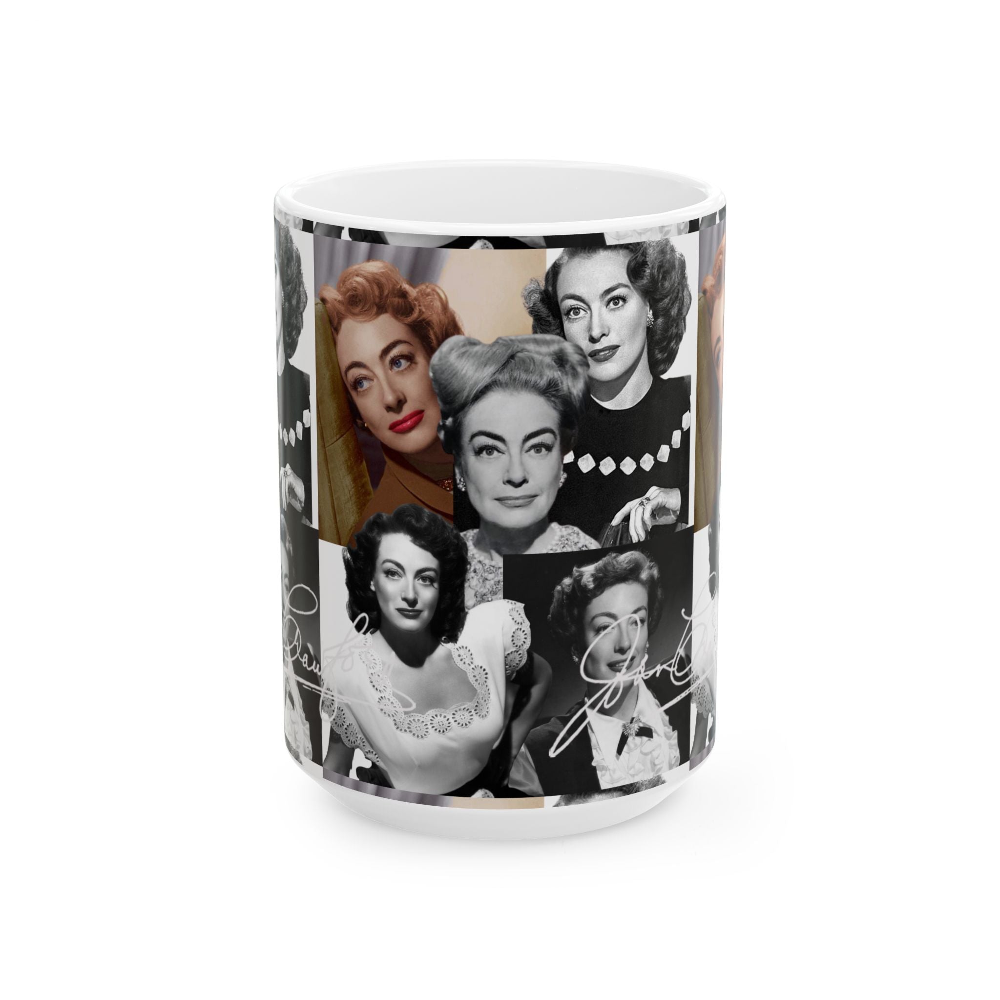 Retro Hollywood Actress Joan Crawford Collage Mug — Vintage Glamour Ceramic Coffee Cup (11oz/15oz) - Creations by Chris and Carlos