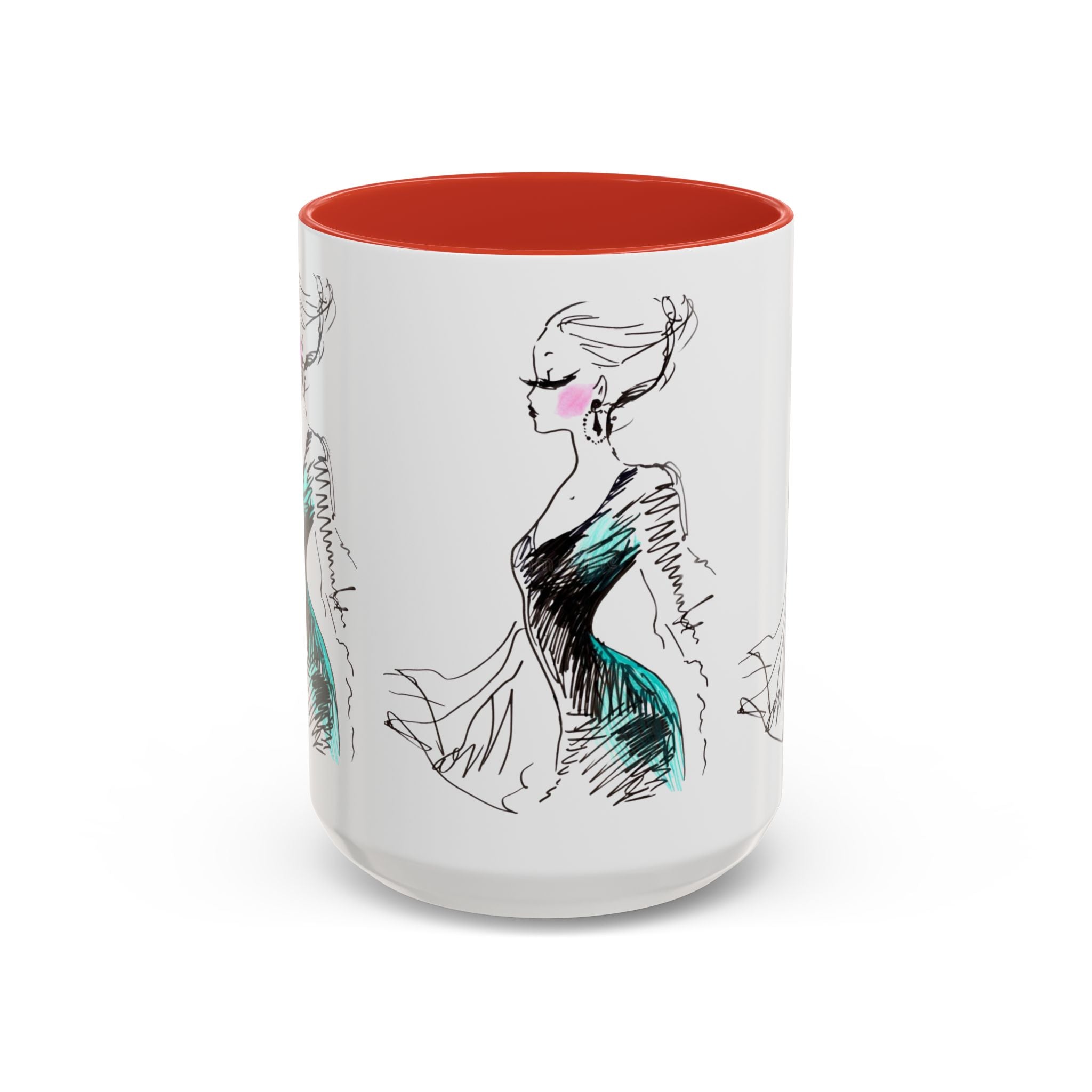 Fashion Sketch Accent Coffee Mug — Chic Hand-Drawn Dress Illustration (11/15 oz) - Creations by Chris and Carlos