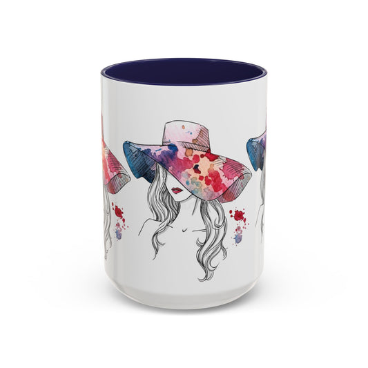 Watercolor Sun Hat Coffee Mug - Chic Fashion Illustration Accent Mug (11/15oz) - Creations by Chris and Carlos