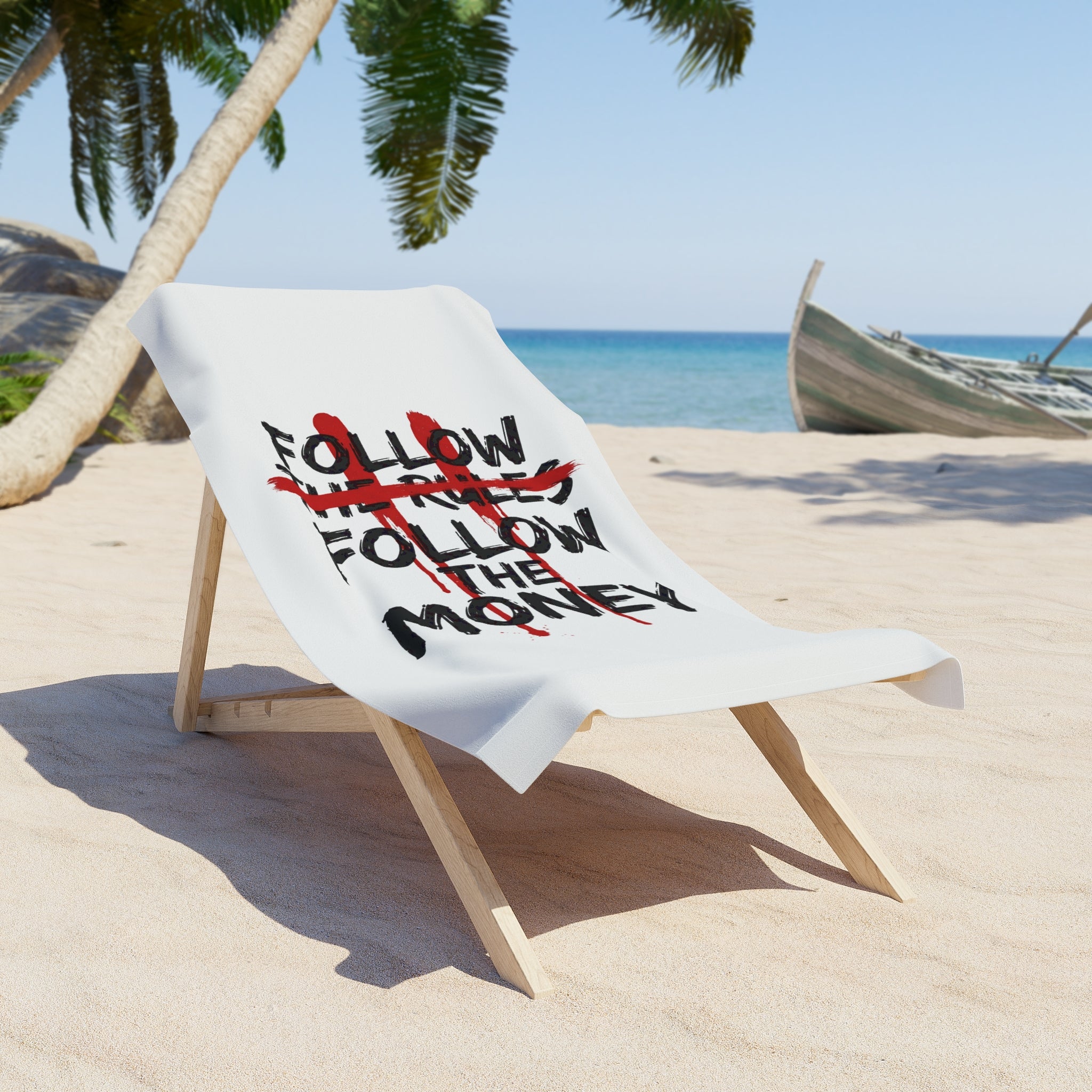 Beach Towel — "Follow the Money" Graphic Beach Towel (Bold Red Strike-Through) - Creations by Chris and Carlos