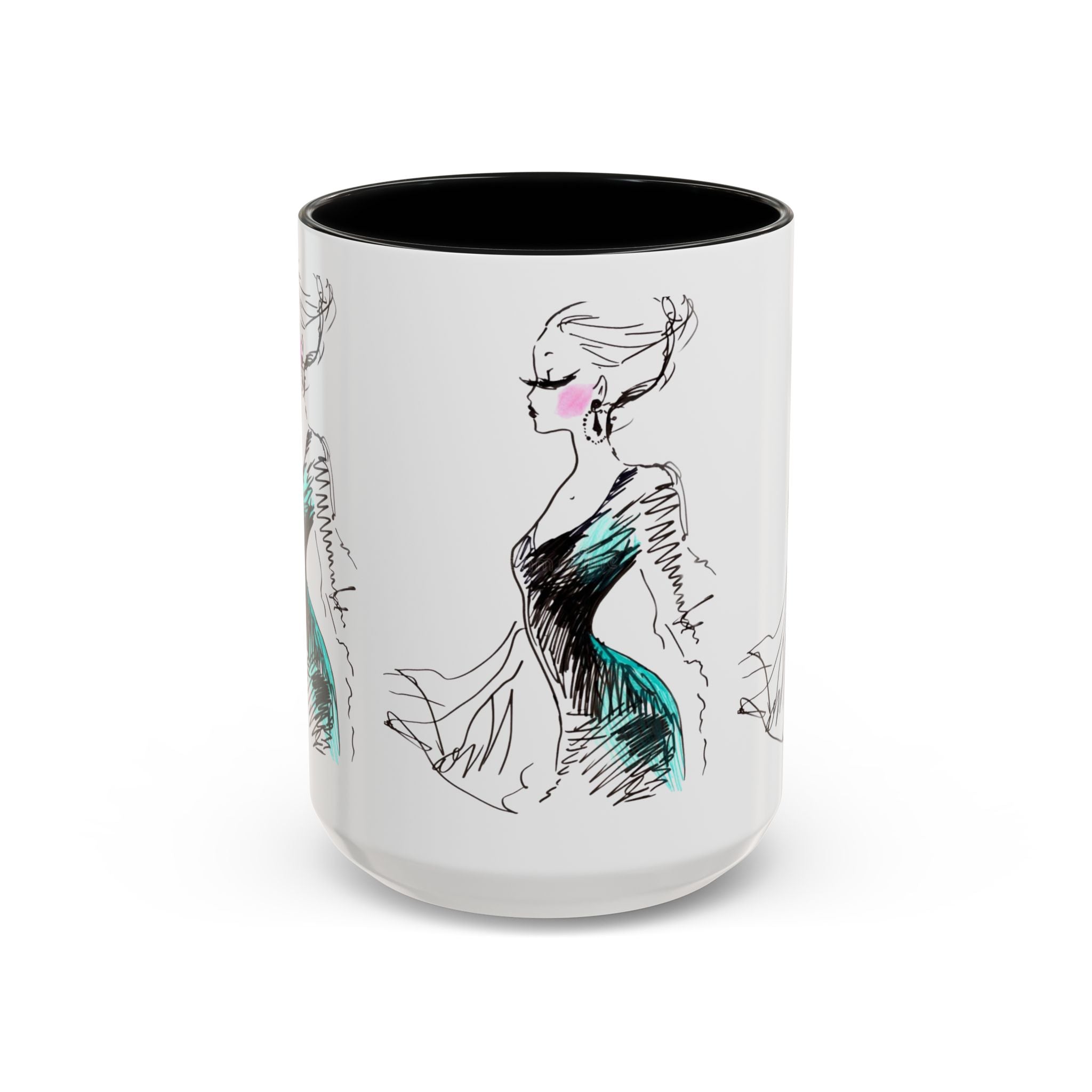 Fashion Sketch Accent Coffee Mug — Chic Hand-Drawn Dress Illustration (11/15 oz) - Creations by Chris and Carlos