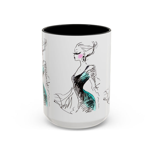 Fashion Sketch Accent Coffee Mug — Chic Hand-Drawn Dress Illustration (11/15 oz) - Creations by Chris and Carlos