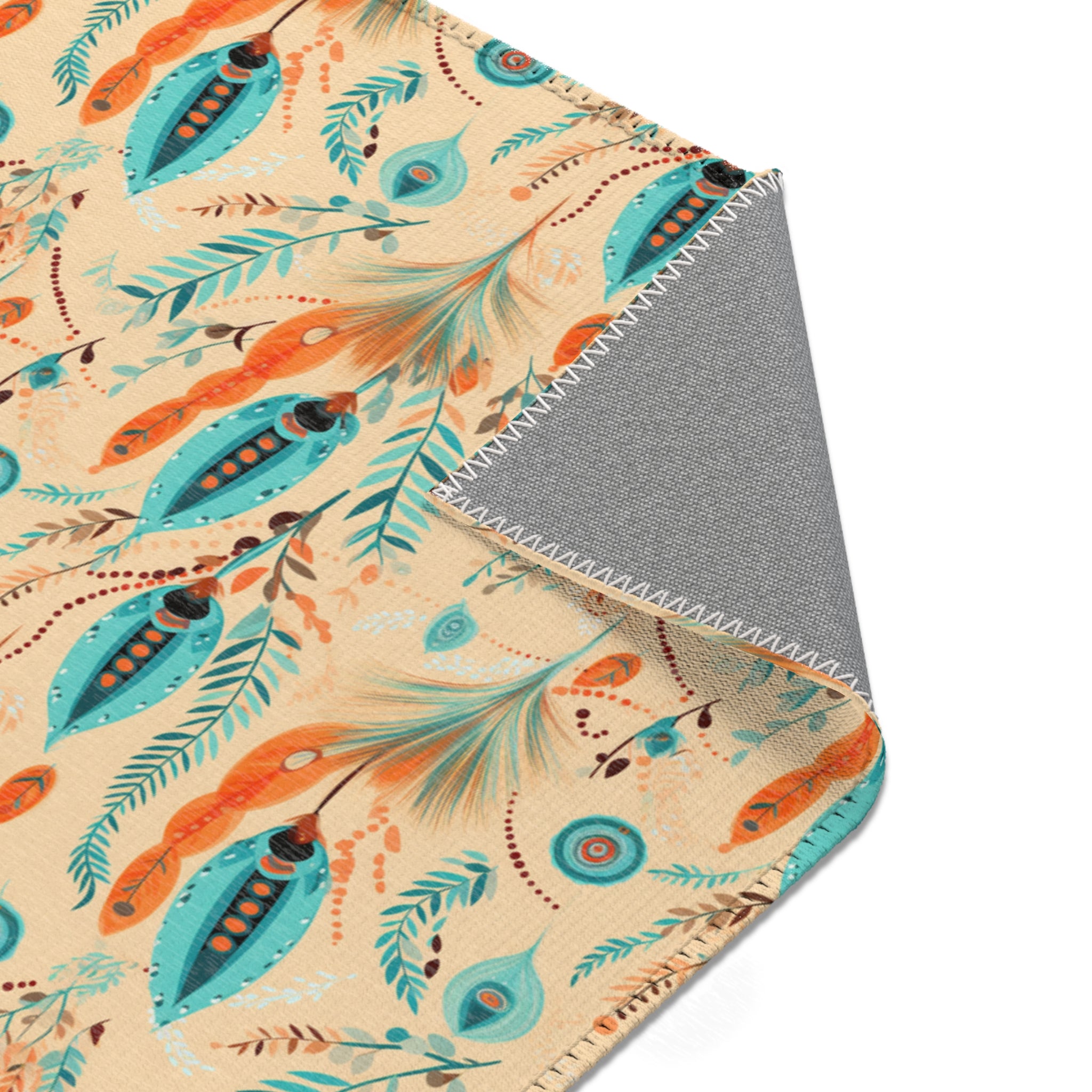 Sol y Alegría (Sun and Joy) Collection- Boho Feather Pattern Area Rug — Turquoise & Coral Accent Rug - Creations by Chris and Carlos