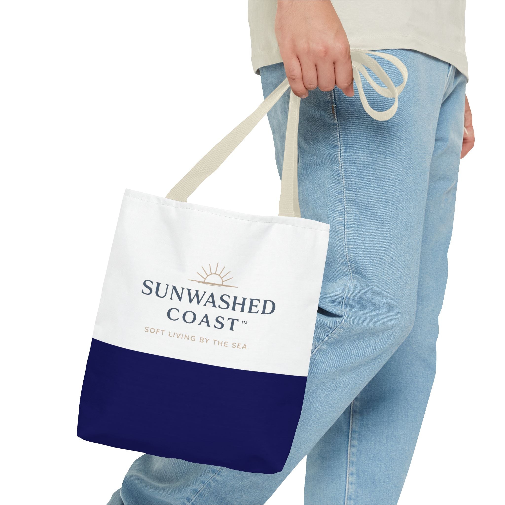 Sunwashed Coast Tote Bag — Coastal Canvas Beach Tote with 'Soft Living by the Sea' Logo - Creations by Chris and Carlos