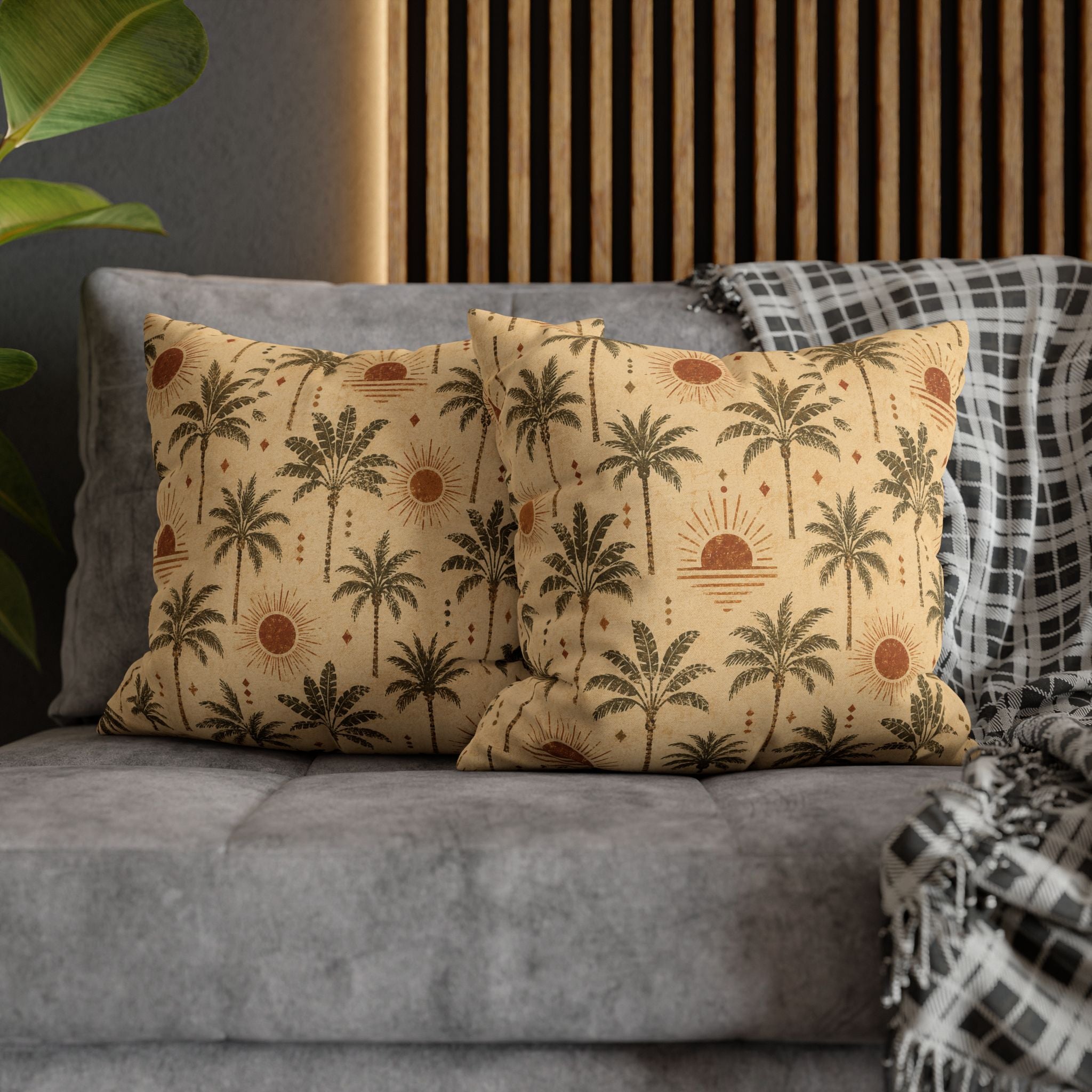 Tropical Palm Sunset Pillowcase — Boho Beach Decorative Throw Pillow Cover - Creations by Chris and Carlos