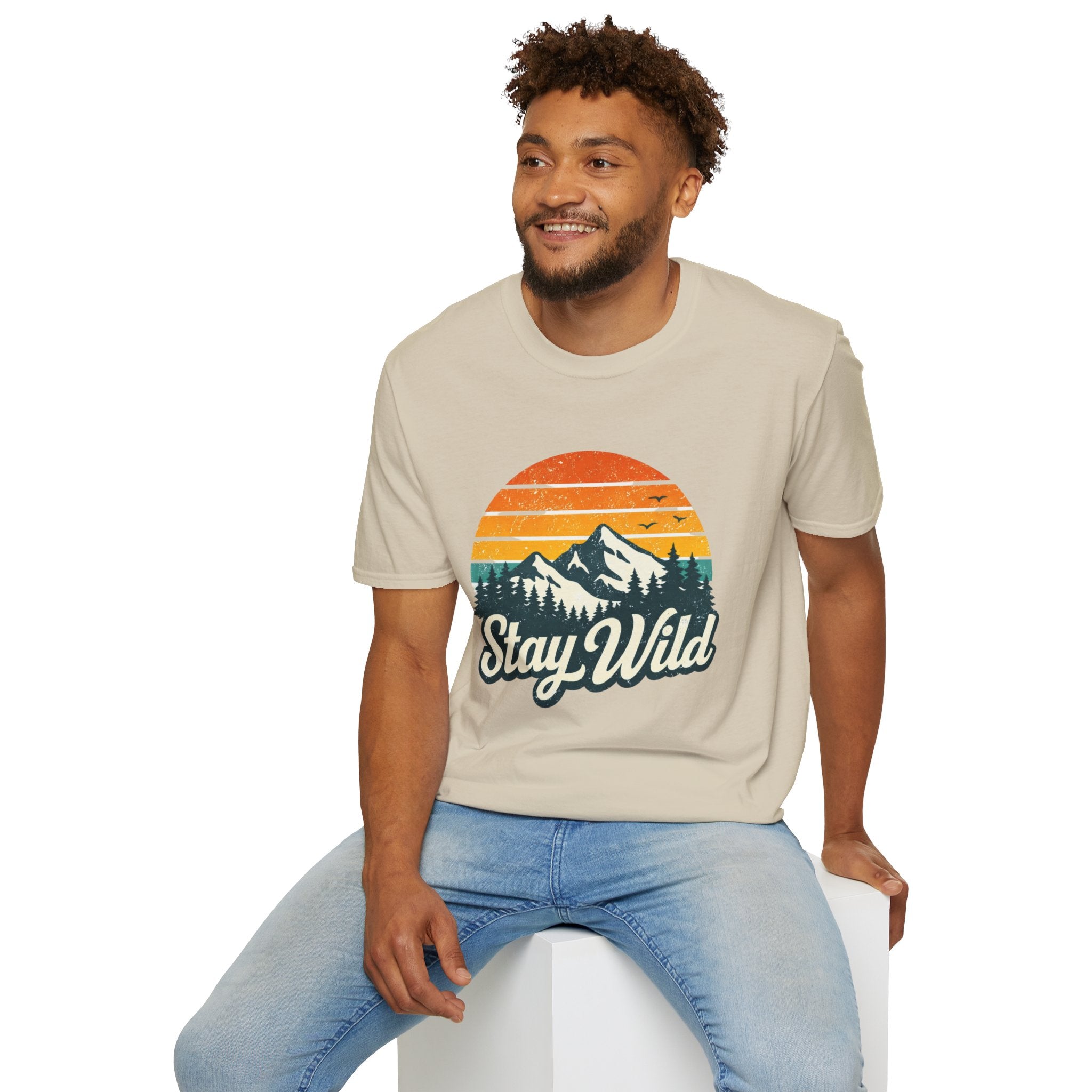 Stay Wild Mountain T-Shirt — Vintage Sunset Outdoor Adventure Tee - Creations by Chris and Carlos