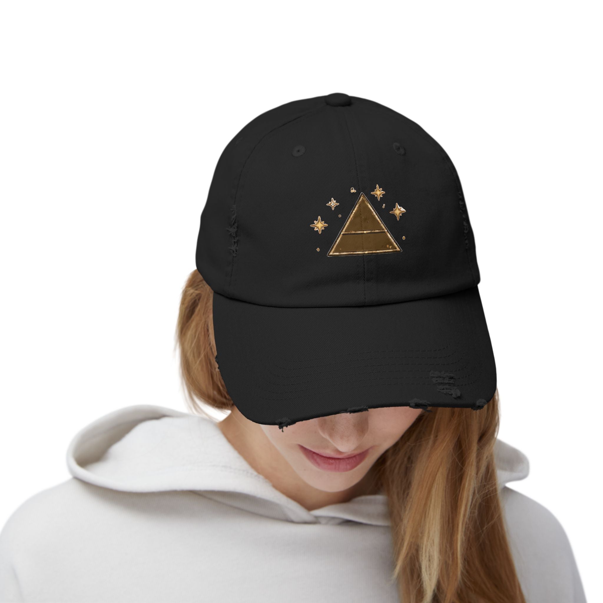 Old Soul Apothecary Distressed Pyramid Cap — Vintage Gold Triangle Embroidered Hat - Creations by Chris and Carlos