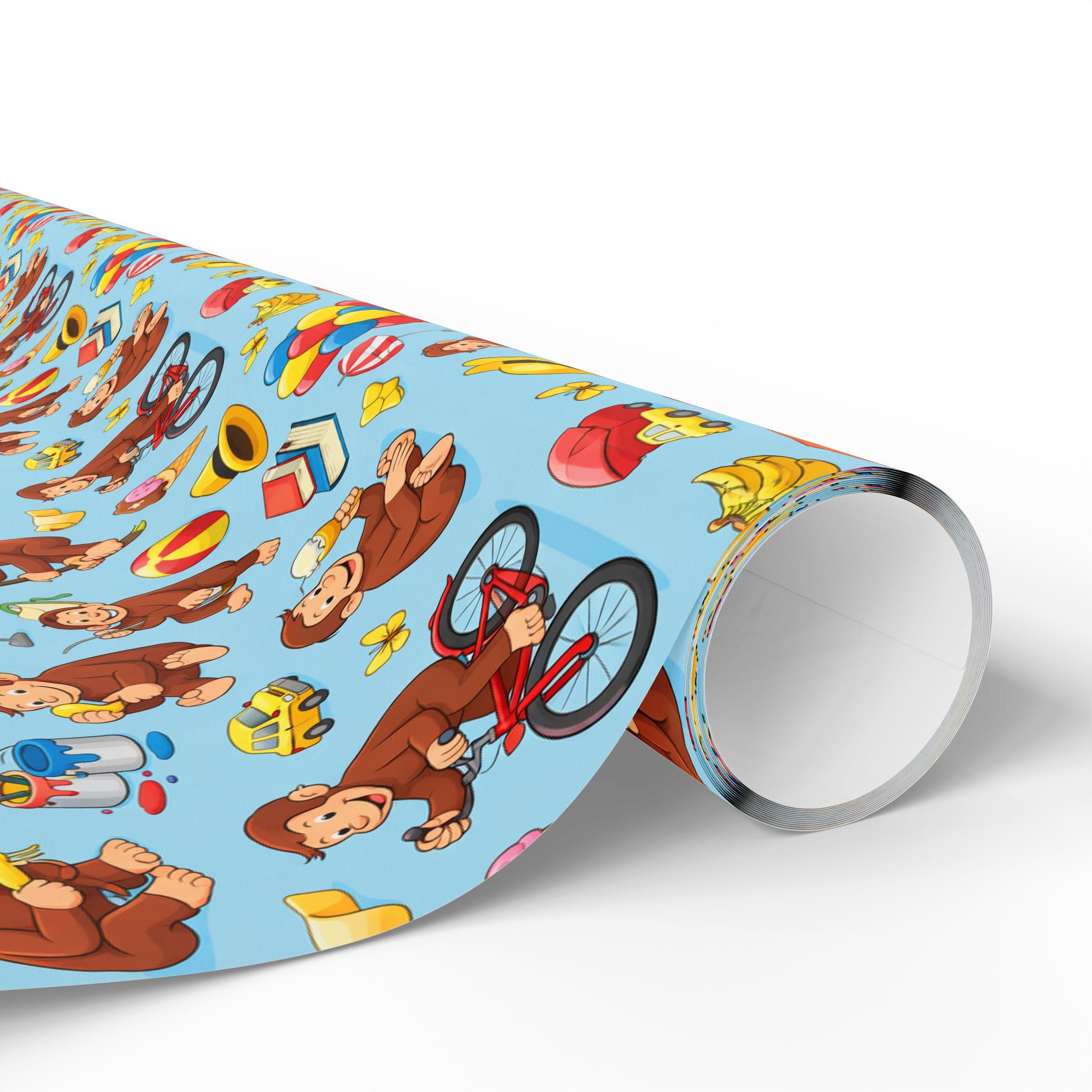 Wrapping Paper Roll — Playful Curious George Monkey Pattern Gift Wrap (Blue) - Creations by Chris and Carlos