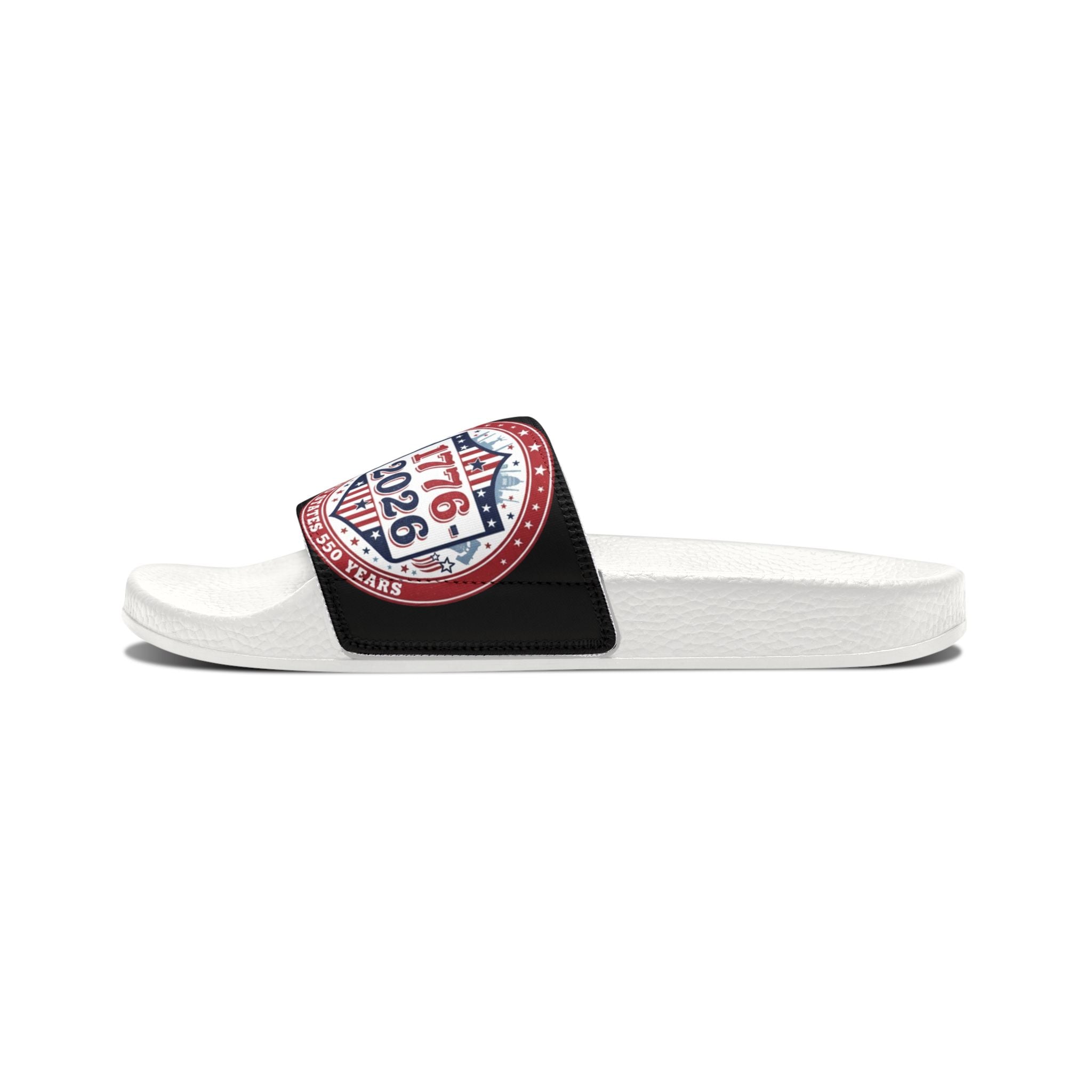 Slide Sandals — Patriotic 1776–2026 Badge Adjustable Strap Slides - Creations by Chris and Carlos