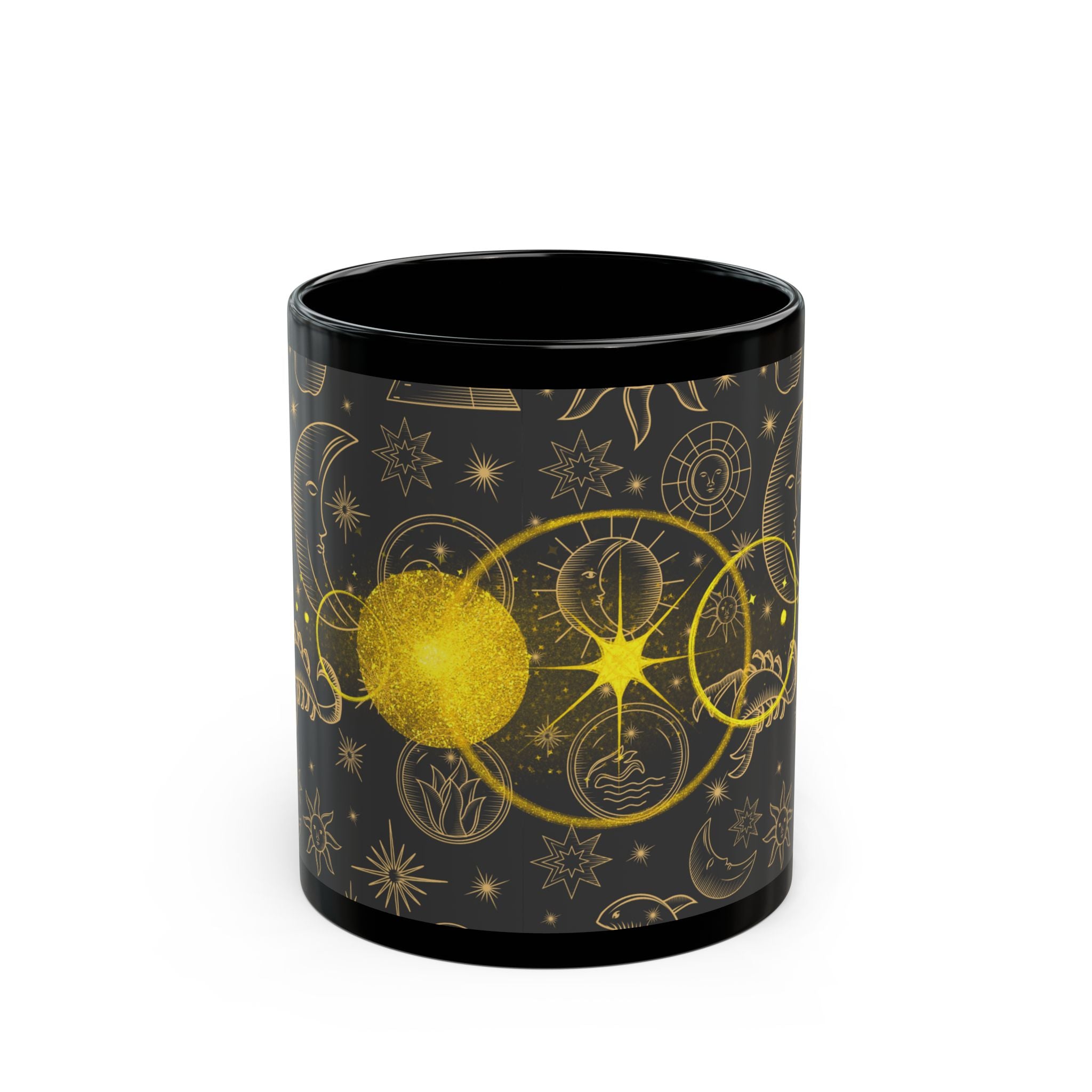 Celestial Gold Moon Phase Mug — Astrological Starry Black Coffee Cup (11oz/15oz) - Creations by Chris and Carlos