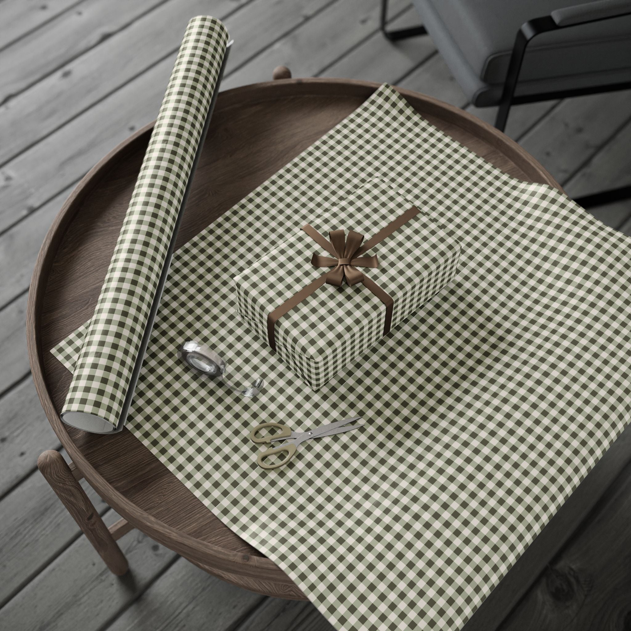 Gingham Plaid Wrapping Paper Roll — Neutral Green Check Holiday Gift Wrap - Creations by Chris and Carlos