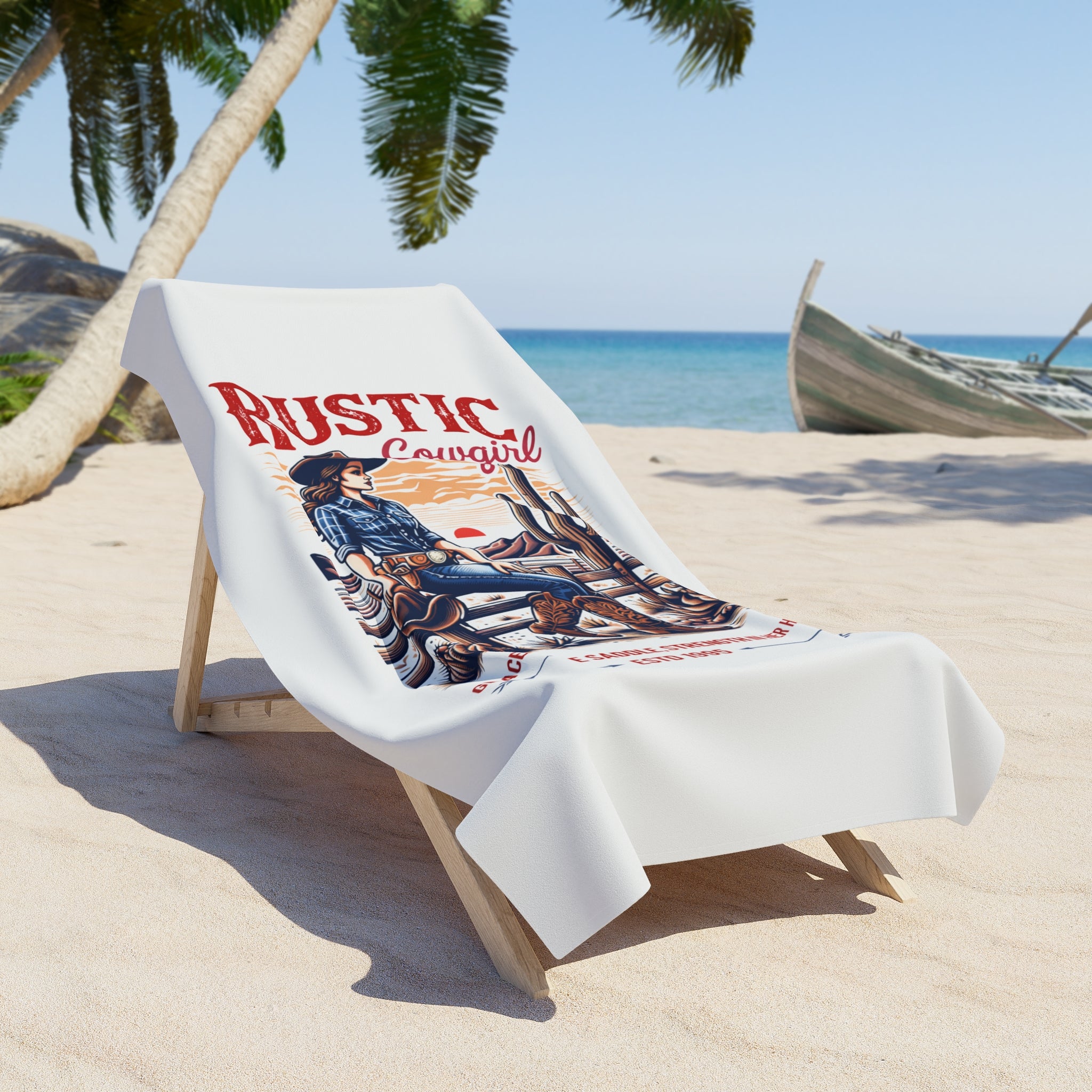Rustic Cowgirl Beach Towel — Vintage Western Cowgirl Graphic - Creations by Chris and Carlos