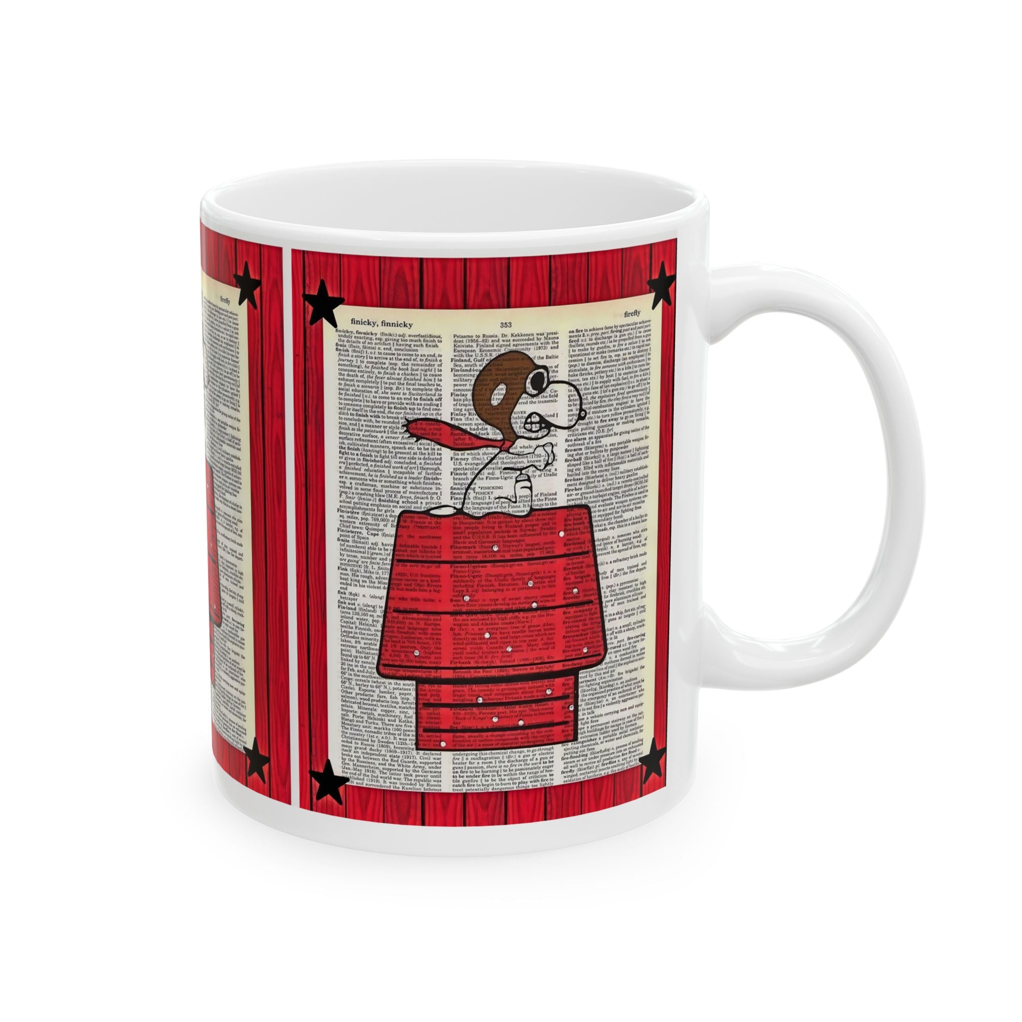 Vintage Snoopy Red Doghouse Ceramic Mug — Retro Dictionary Art Coffee Cup (11oz/15oz) - Creations by Chris and Carlos