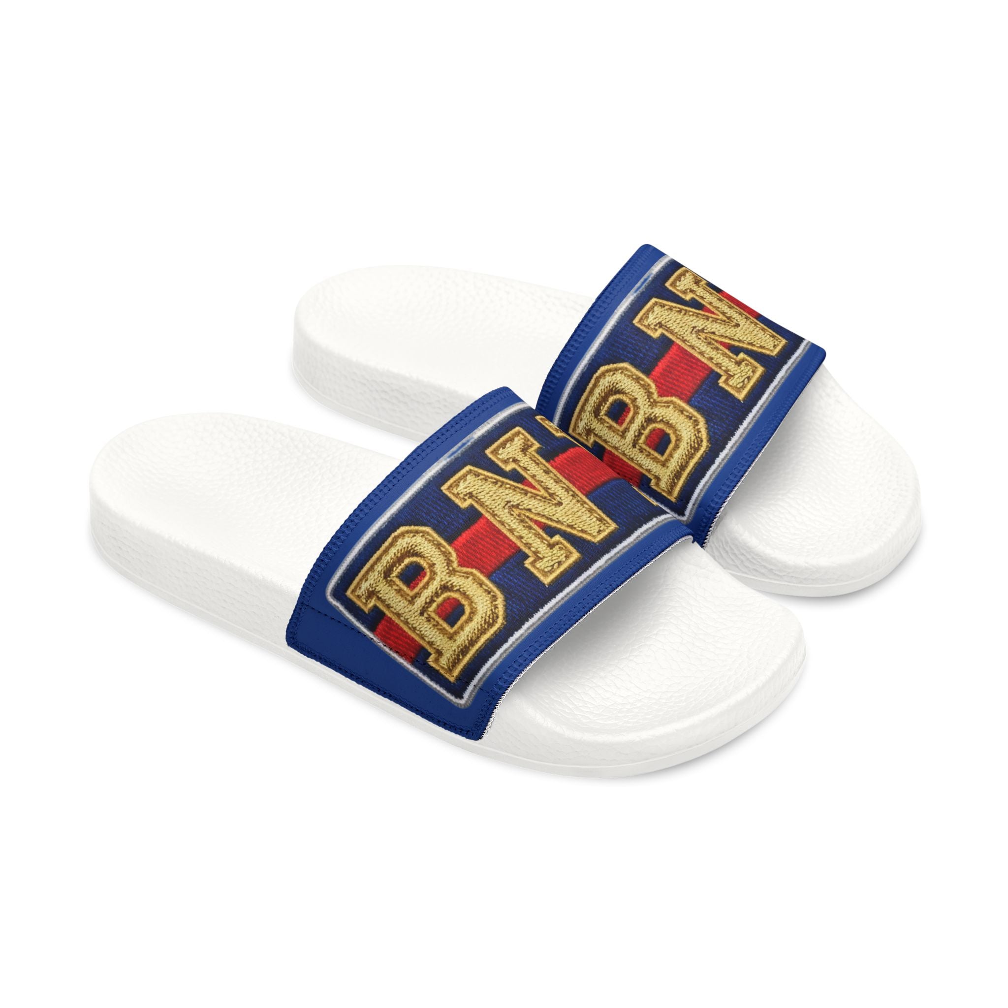 Men's Slide Sandals — BNY Bunny Inspired Retro Lettering Navy & Red Strap - Creations by Chris and Carlos