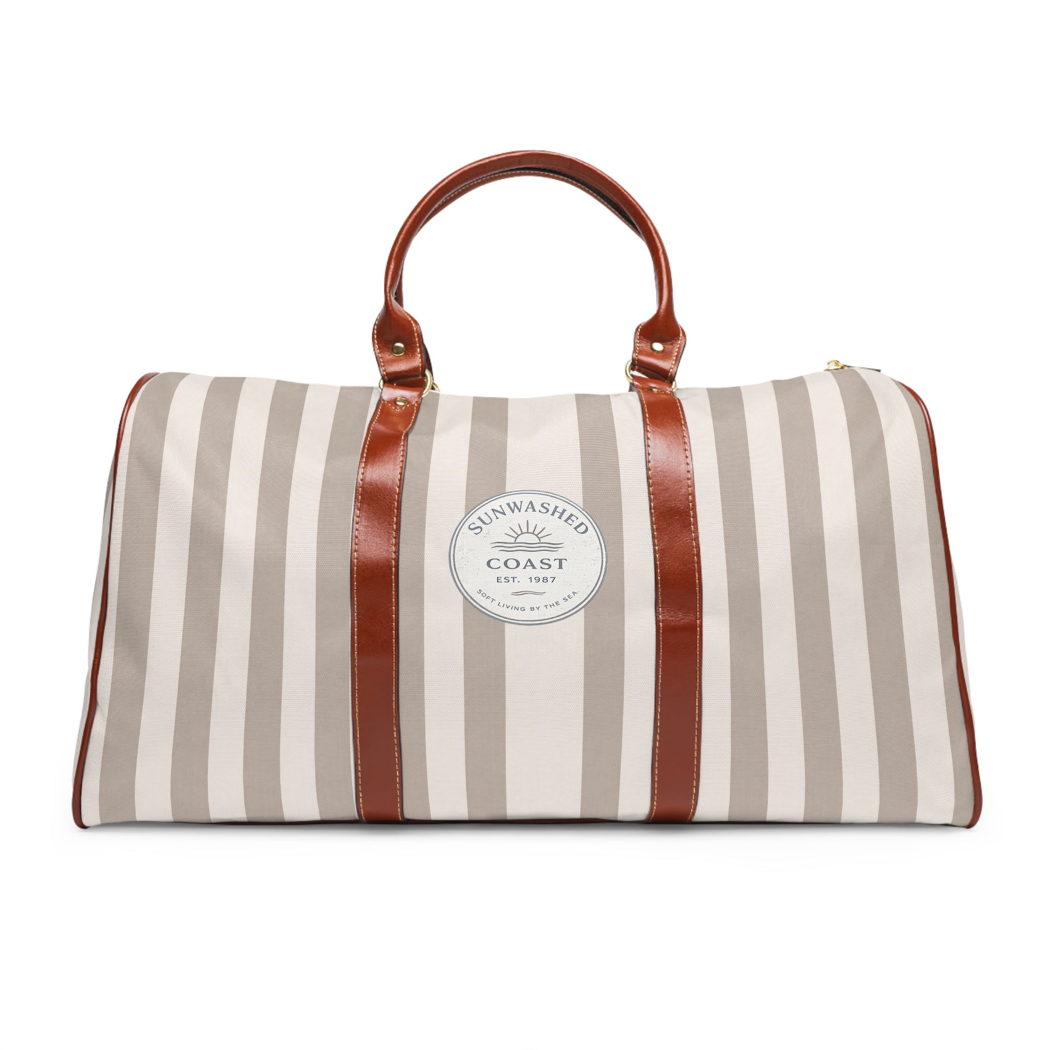 Striped Tan Waterproof Travel Duffle Bag — Coastal "Sunwashed Coast" Patch - Creations by Chris and Carlos