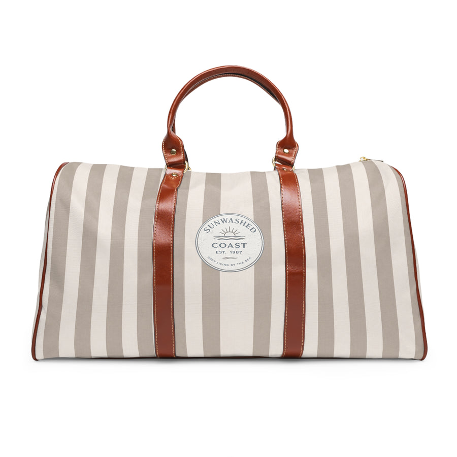 Striped Tan Waterproof Travel Duffle Bag — Coastal "Sunwashed Coast" Patch
