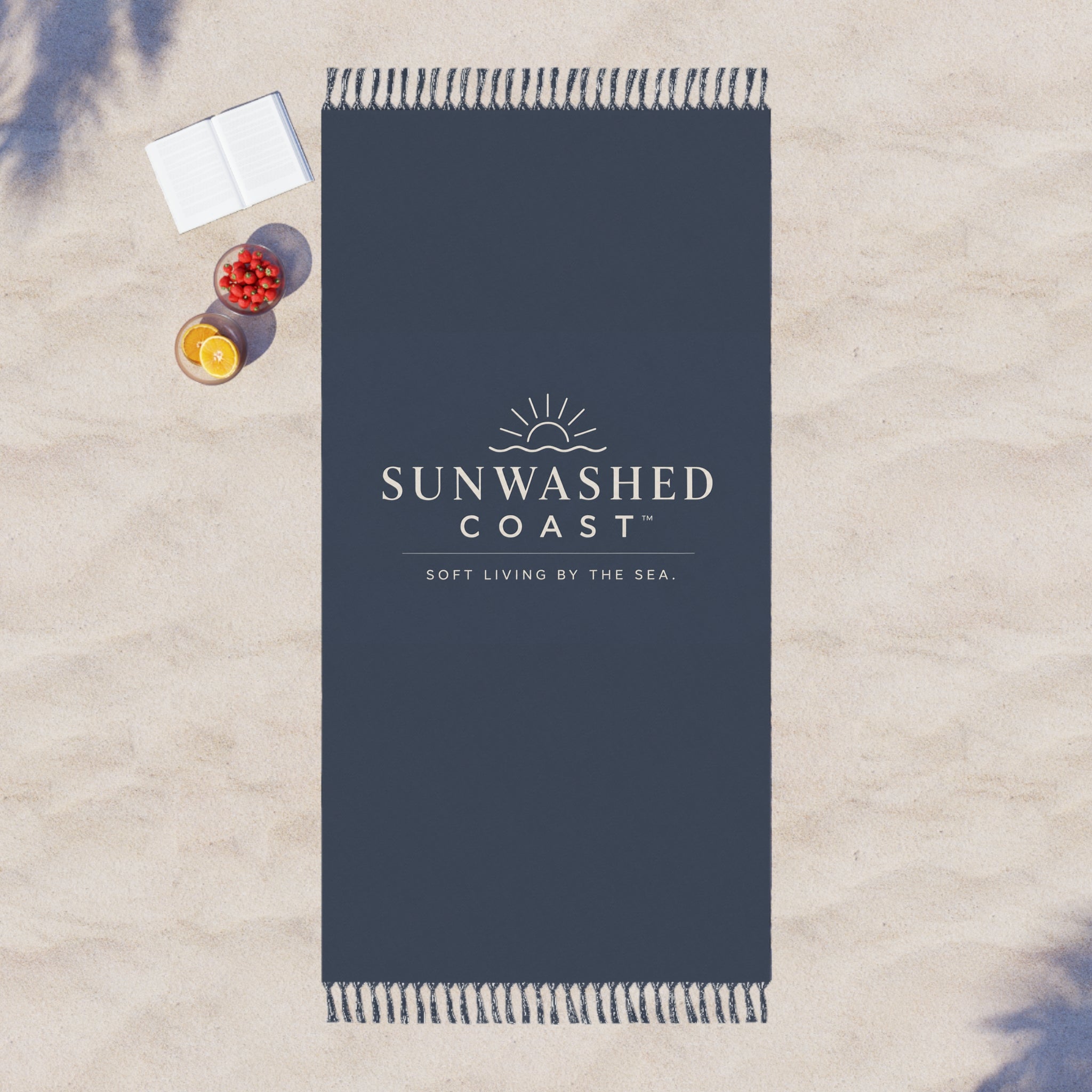 Sunwashed Coast Boho Beach Towel – ‘Soft Living by the Sea’ Fringe Beach Blanket - Creations by Chris and Carlos