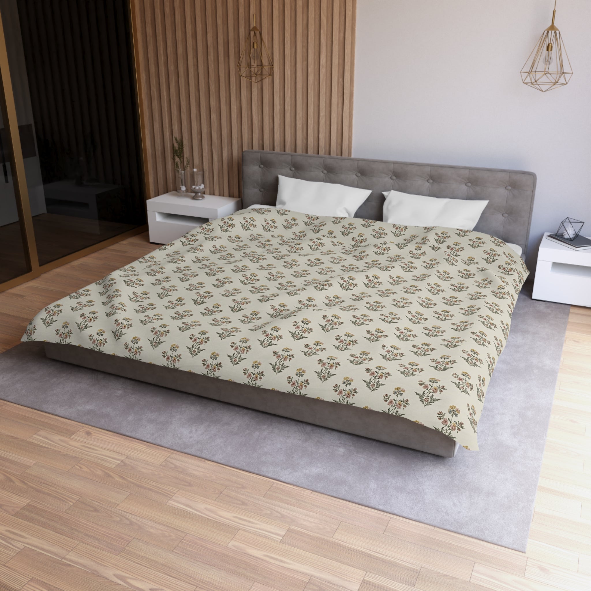 Neutral Floral Pattern Microfiber Duvet Cover — Minimal Boho Bedding - Creations by Chris and Carlos