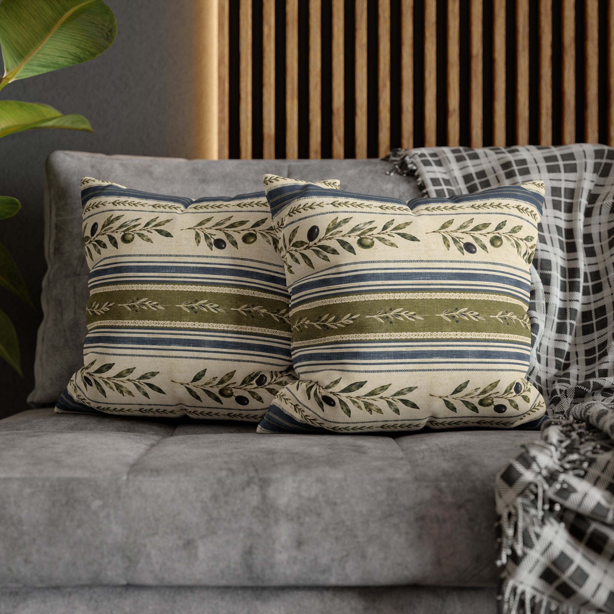 Olive & Navy Olive Branch Striped Throw Pillowcase - Creations by Chris and Carlos