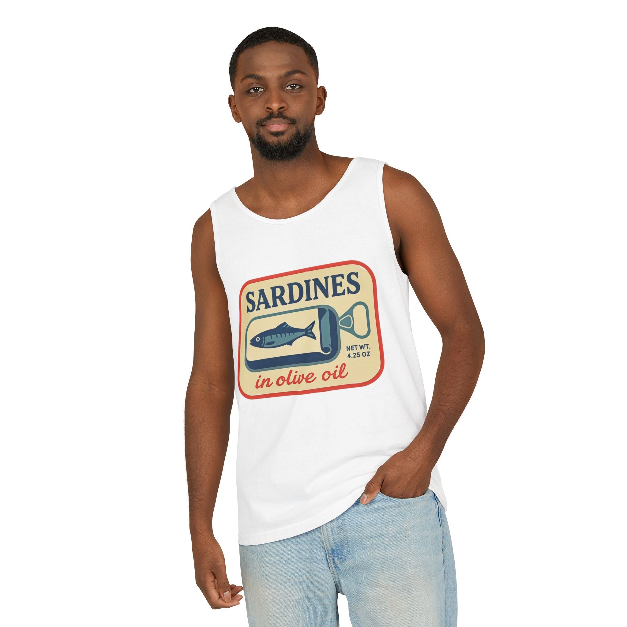 Sardines in Olive Oil Tank Top — Retro Seafood Can Graphic - Creations by Chris and Carlos