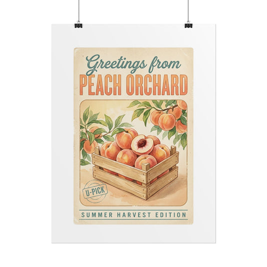 Peach Orchard Vintage Travel Poster — Rolled Poster (“Greetings from Peach Orchard” Summer Harvest Art) - Creations by Chris and Carlos