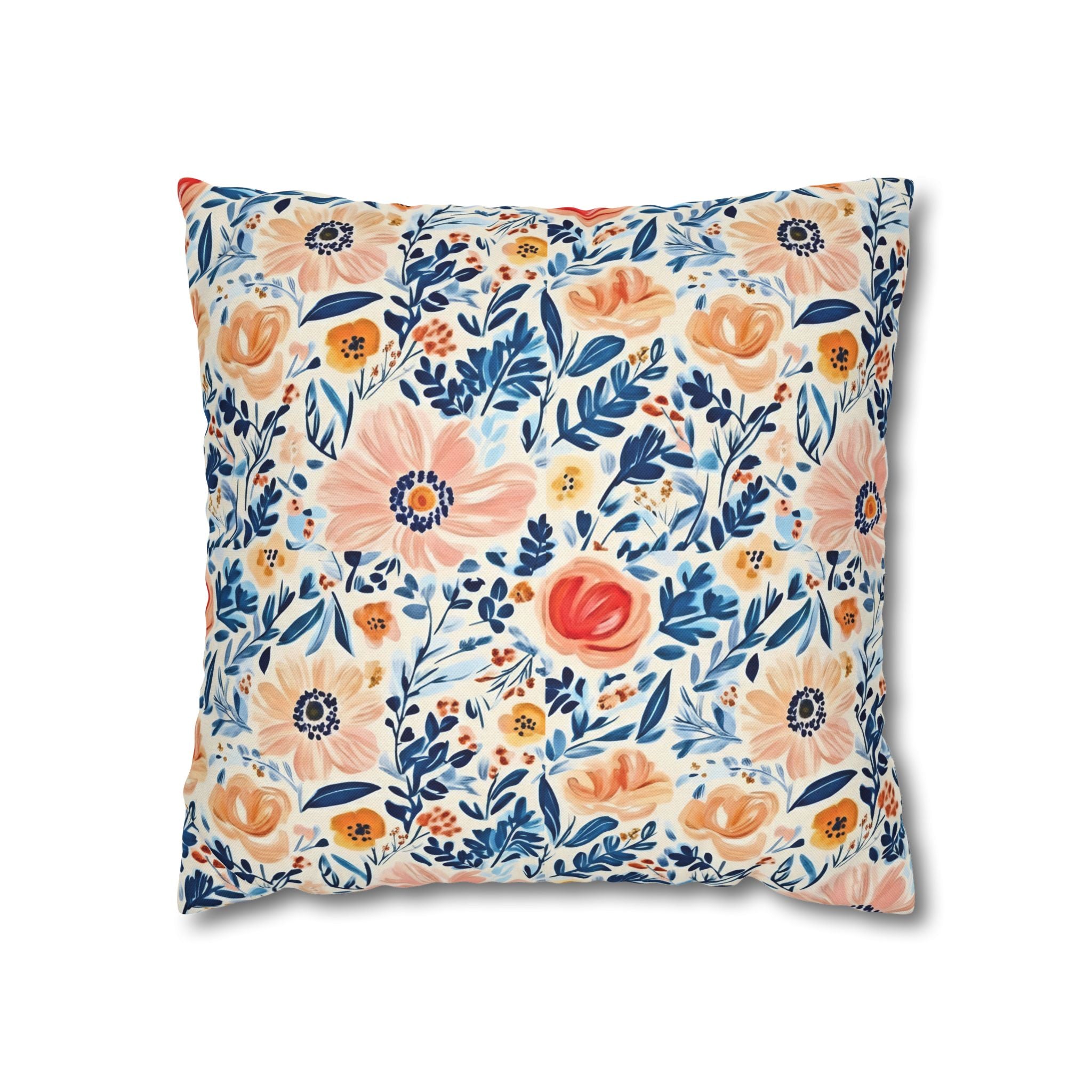 The Artisanal Flora Gallery Floral Watercolor Throw Pillow Cover — Peach & Navy Garden Pattern - Creations by Chris and Carlos