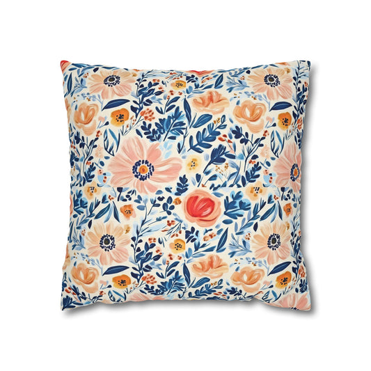 The Artisanal Flora Gallery Floral Watercolor Throw Pillow Cover — Peach & Navy Garden Pattern - Creations by Chris and Carlos